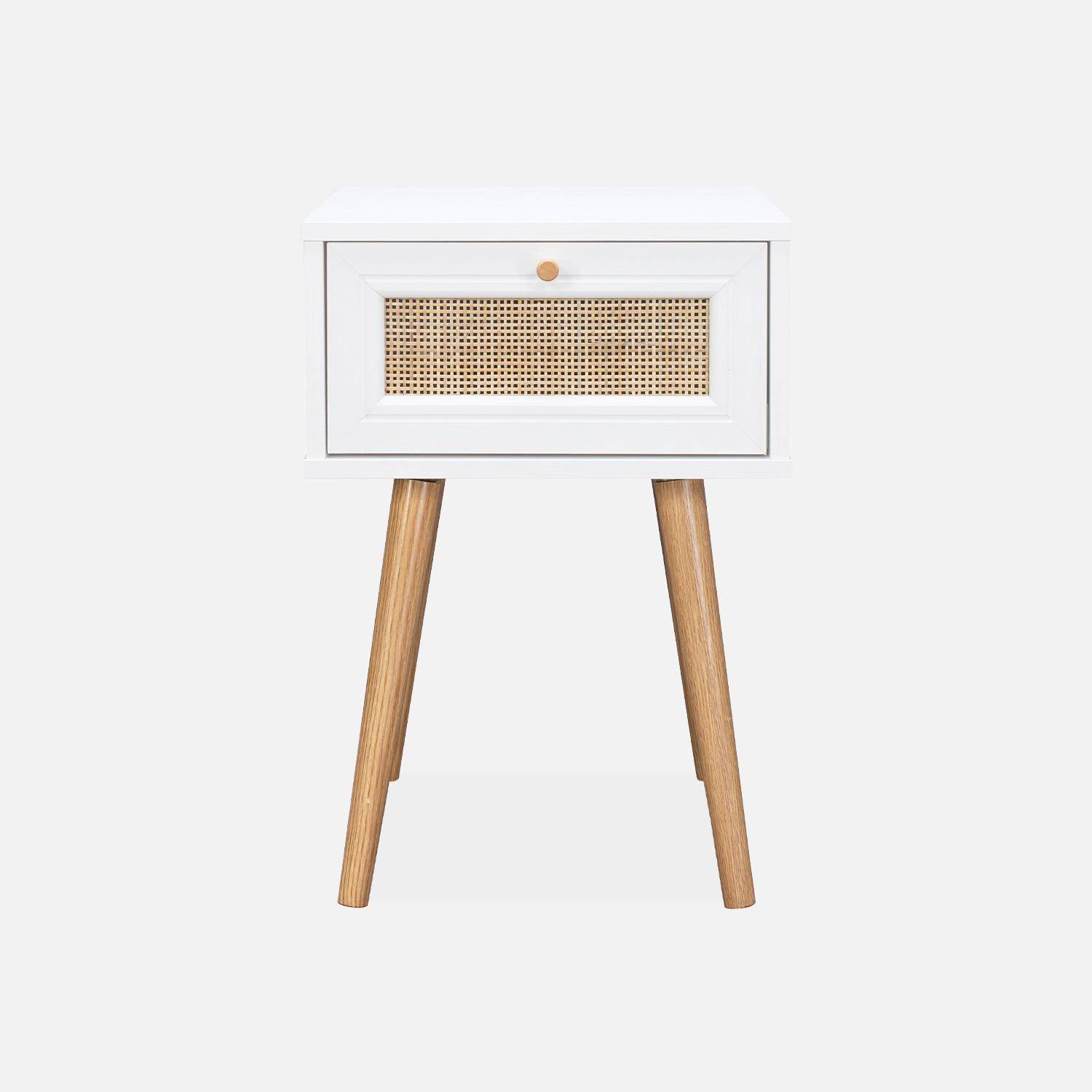 Mesa de cabeceira com efeito madeira e cana com 1 gaveta - branco - Bohème,sweeek,Photo5