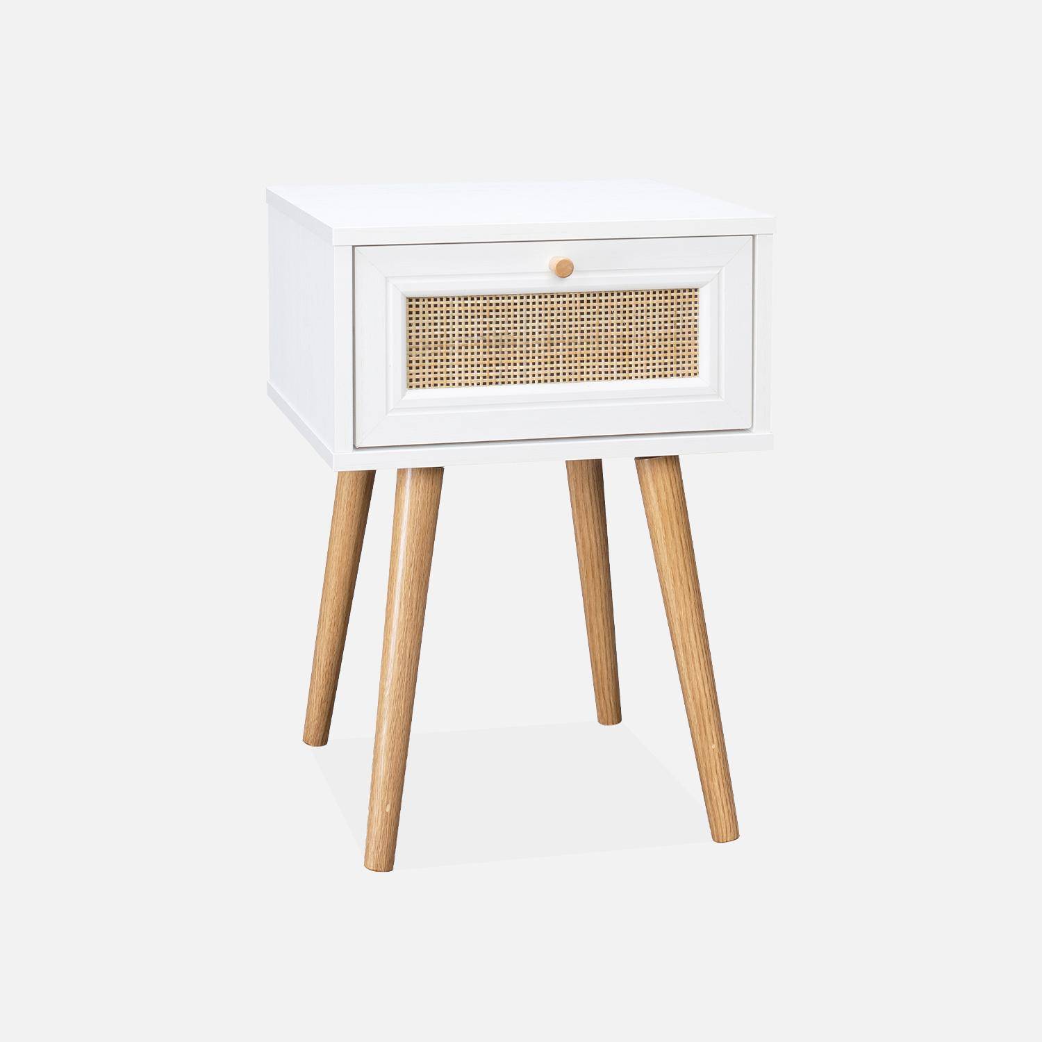 Mesa de cabeceira com efeito madeira e cana com 1 gaveta - branco - Bohème,sweeek,Photo3