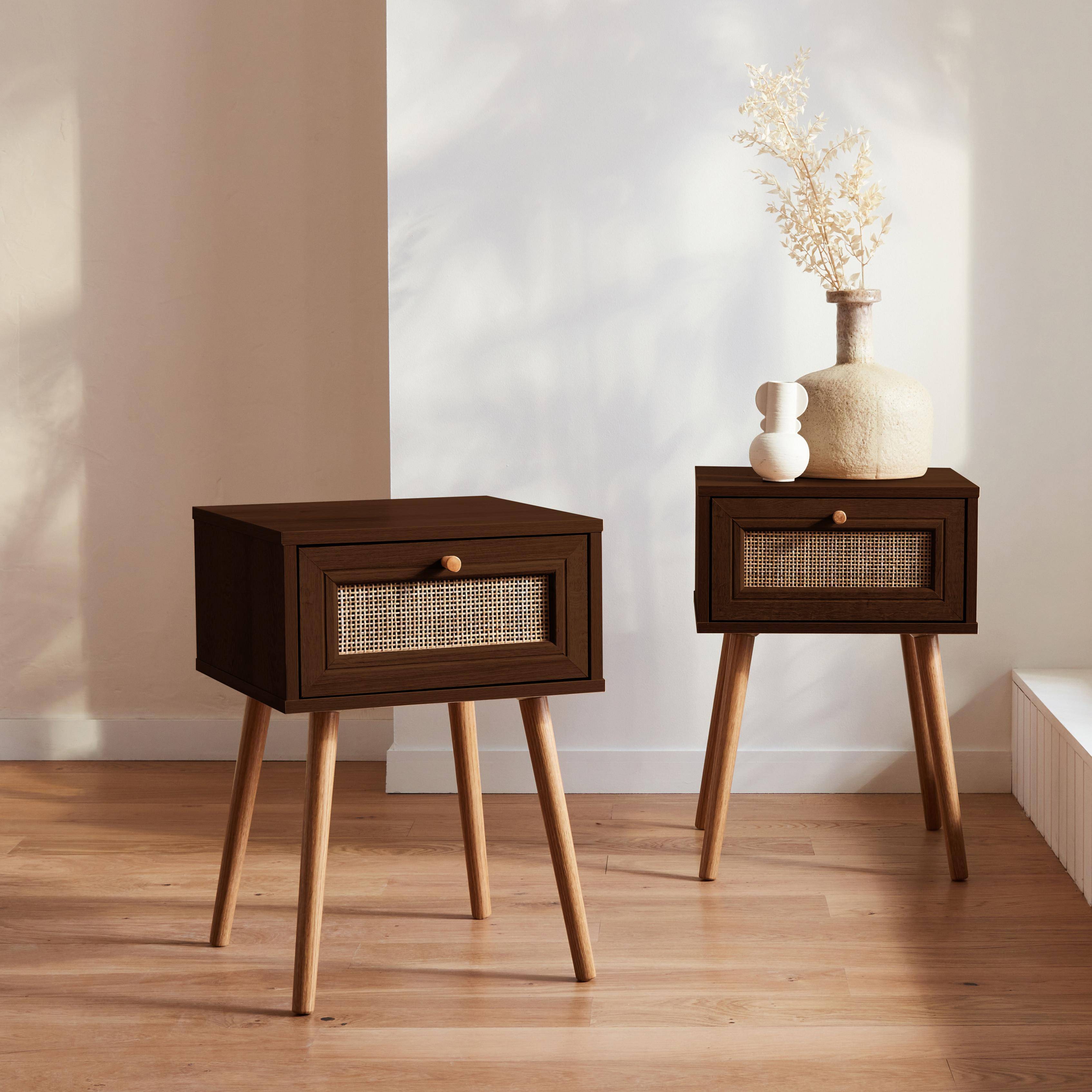 Set of 2 dark wood and cane effect bedside tables with 1 drawer Photo1