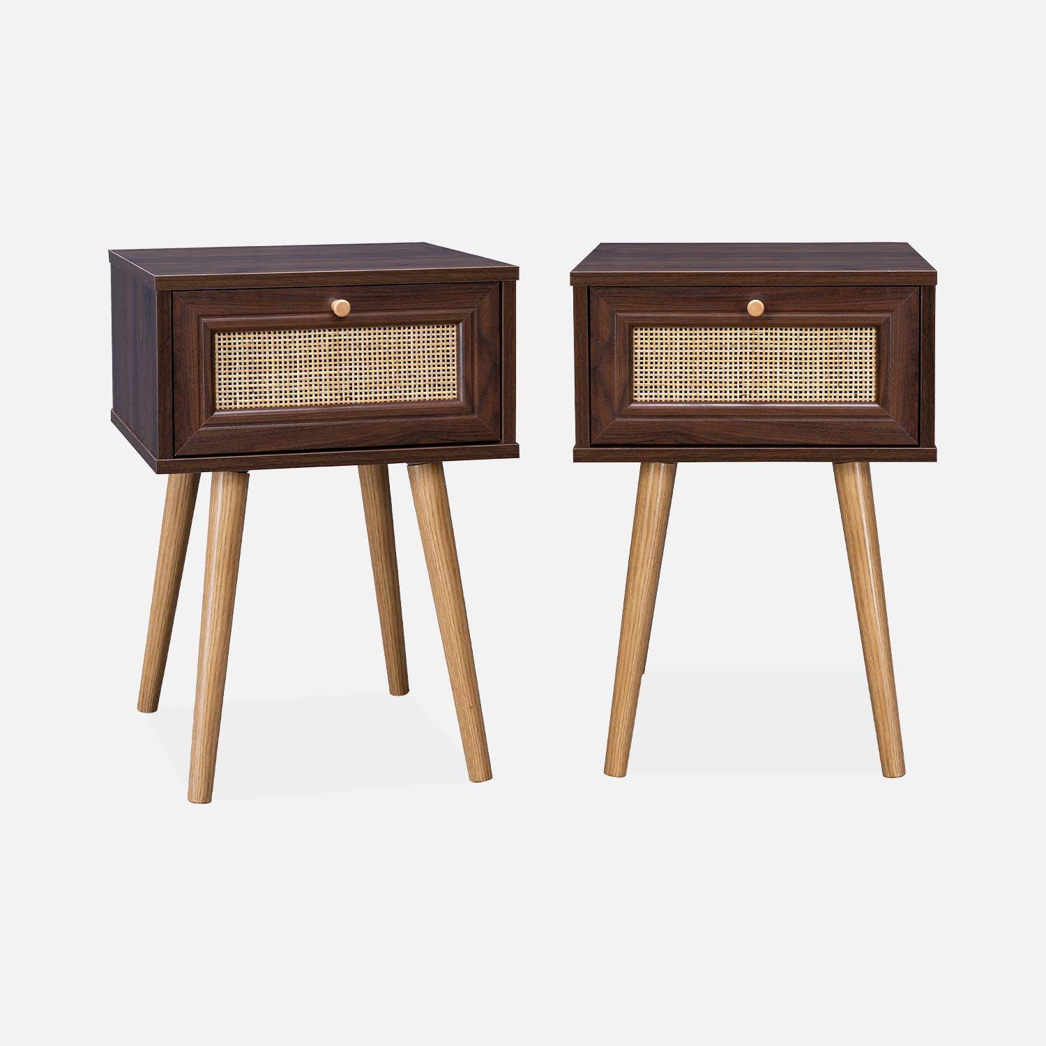 Set of 2 dark wood and cane effect bedside tables with 1 drawer Photo3