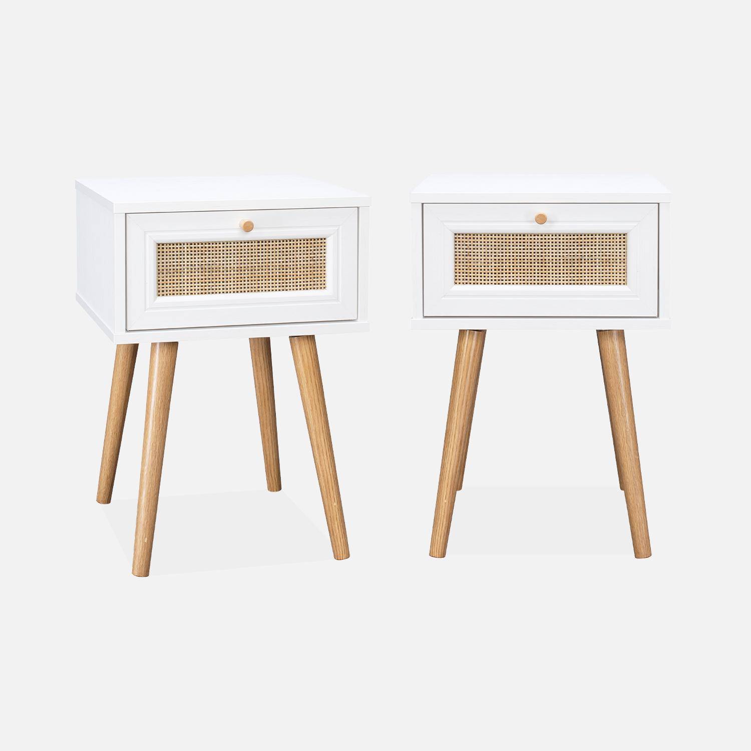Set of 2 white wood and cane effect bedside tables with 1 drawer Photo3