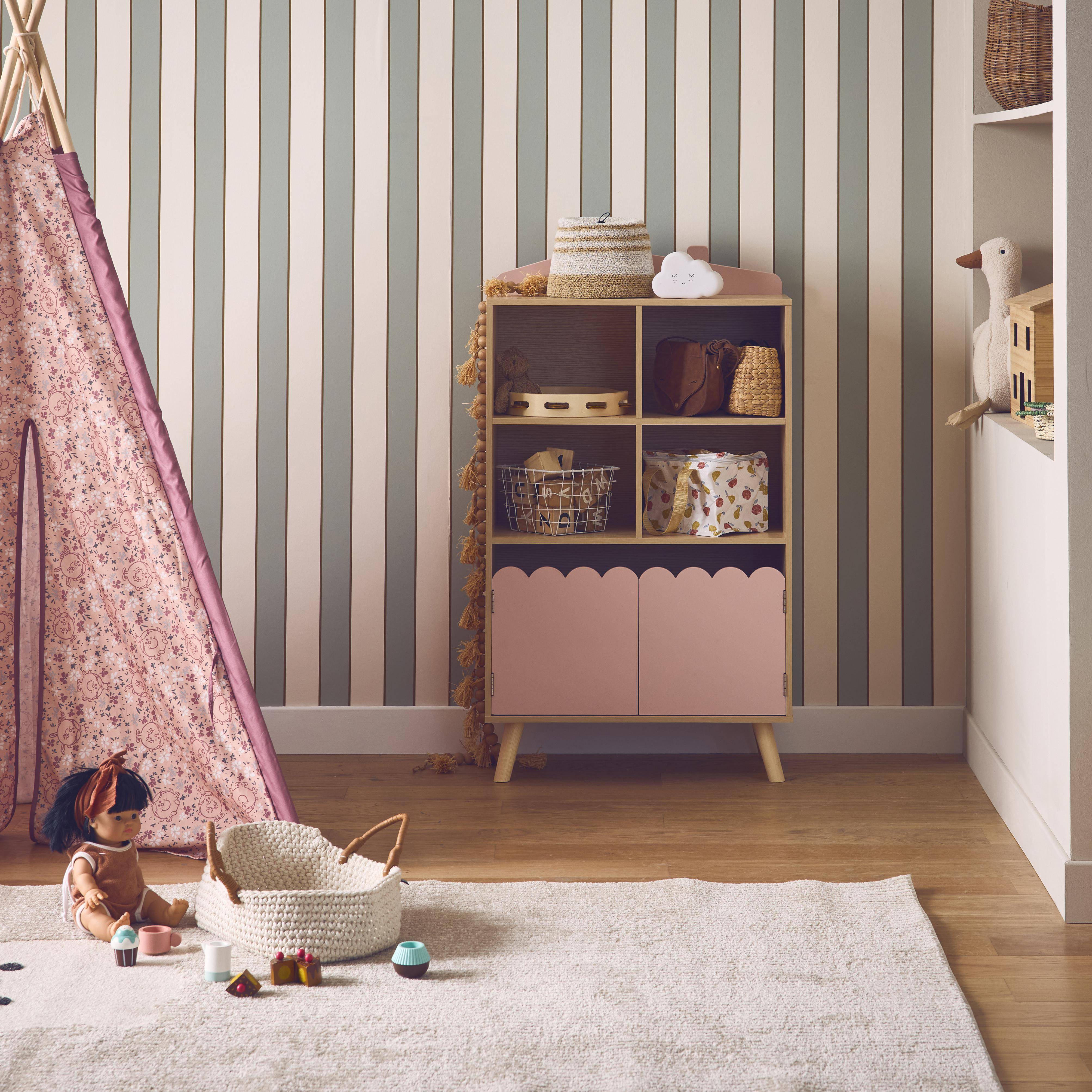 Roze kinderboekenkast met 2 deuren en 4 planken Photo1