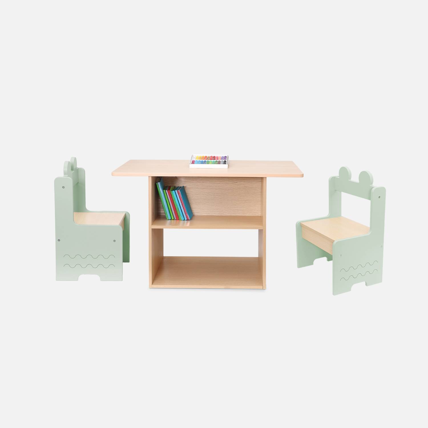 Mesa para niños + 2 sillas, con estantes, Verde