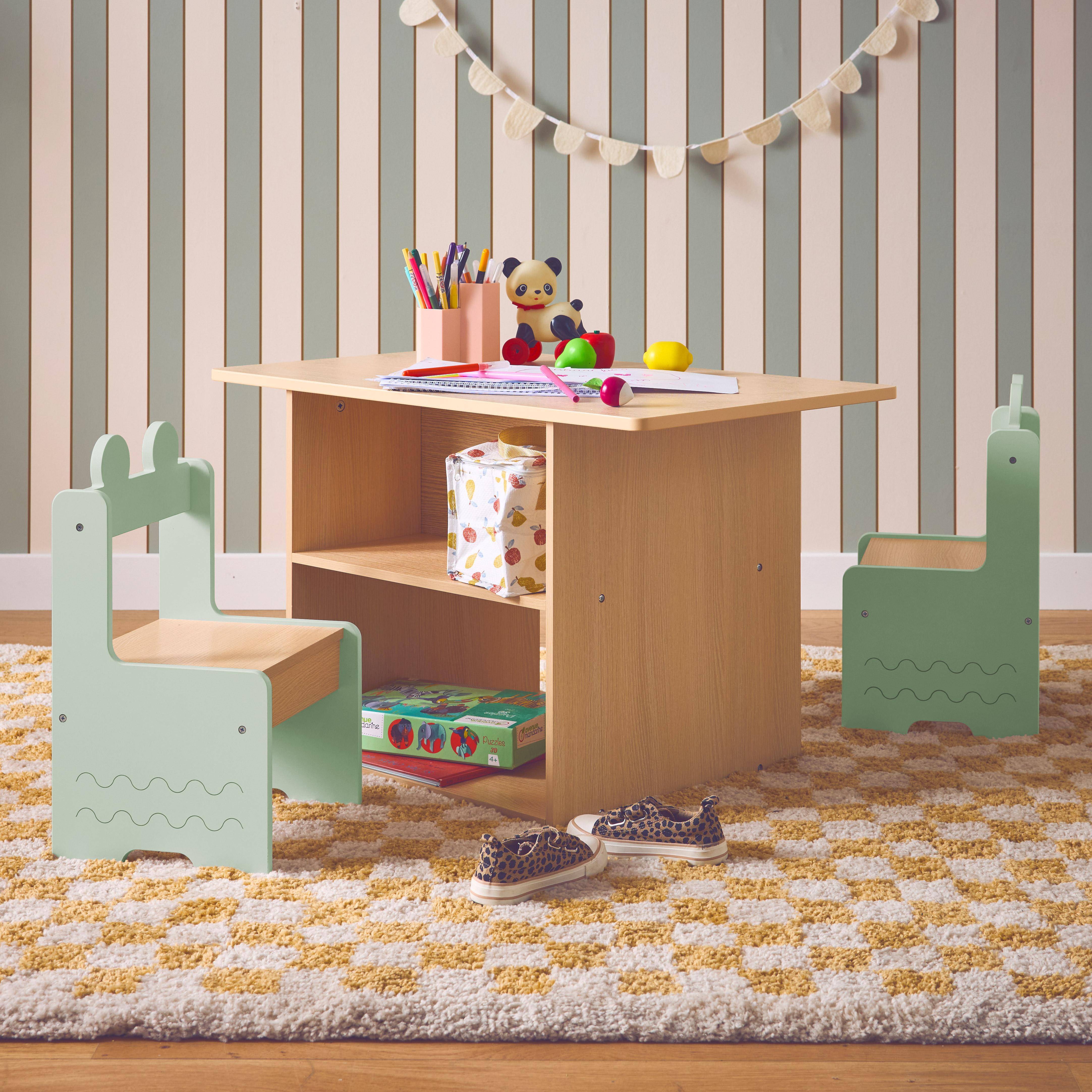 Kindertafel + 2 stoelen, met legplanken, groen Photo1