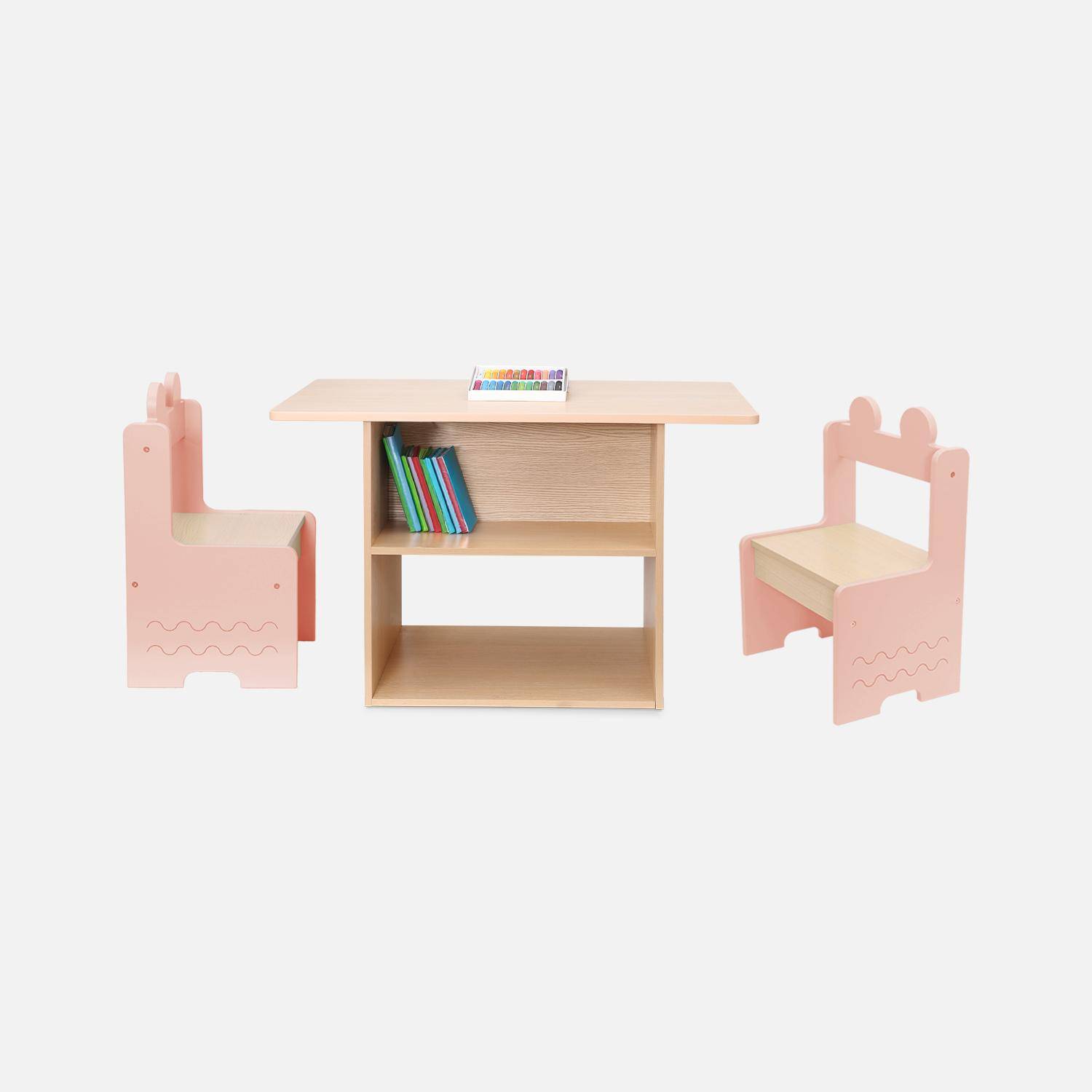Tavolo con ardesia e 4 sedie con contenitore per bambini rosa