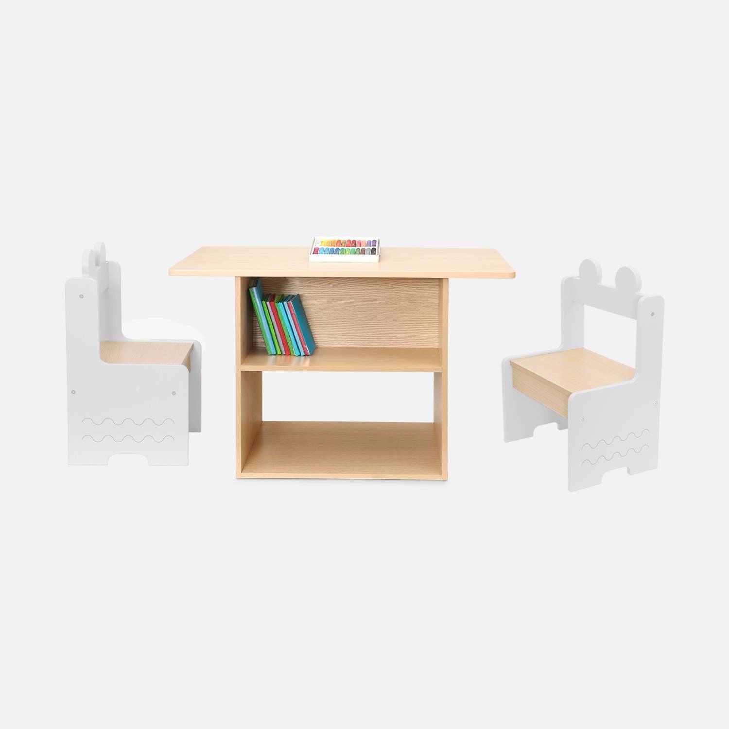 Mesa para niños + 2 sillas, con estantes, Blanco