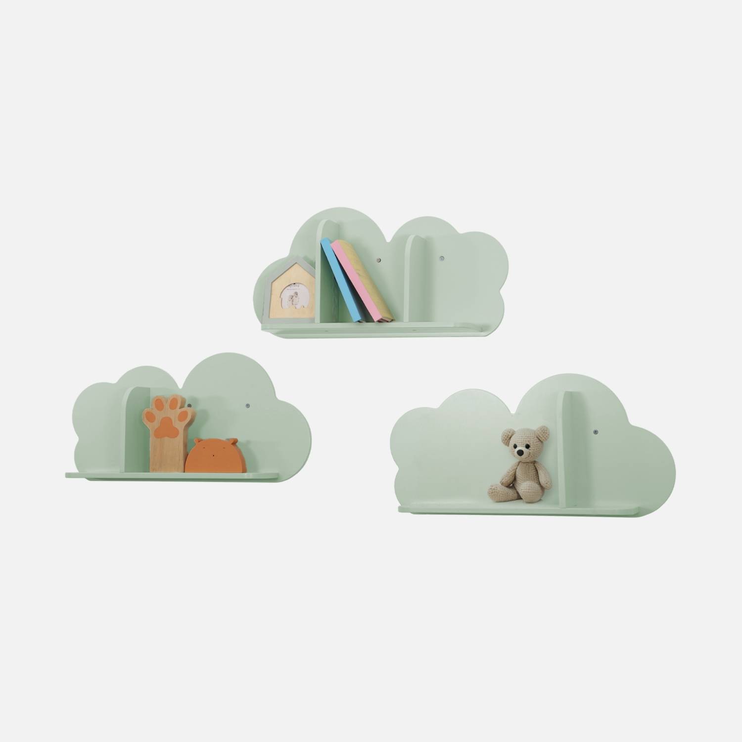 Set of 3 cloud wall shelves for children's bedroom, Green