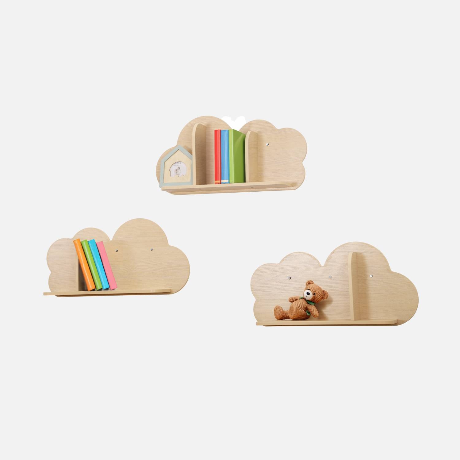 Set of 3 cloud wall shelves for children's bedroom, Natural