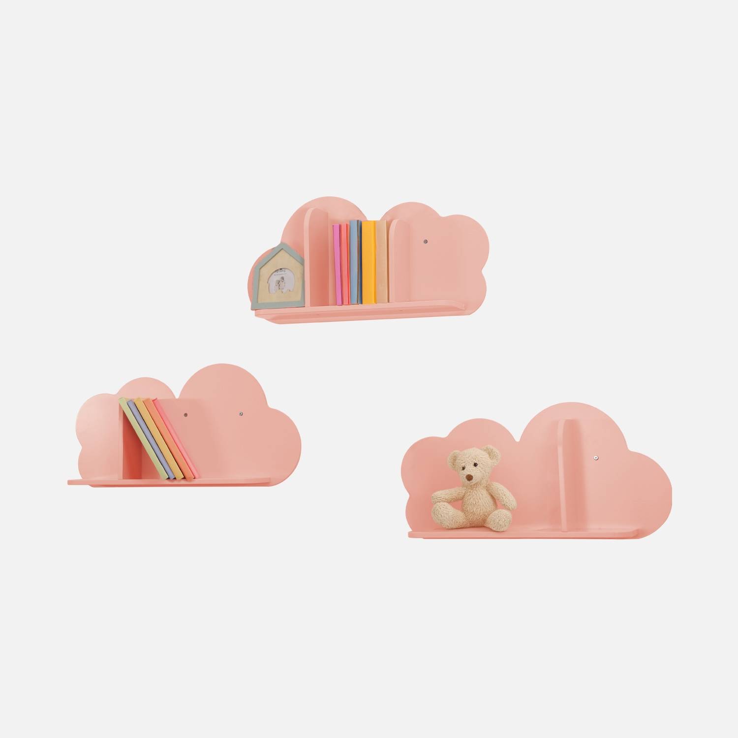 Set of 3 cloud wall shelves for children's bedroom, Pink