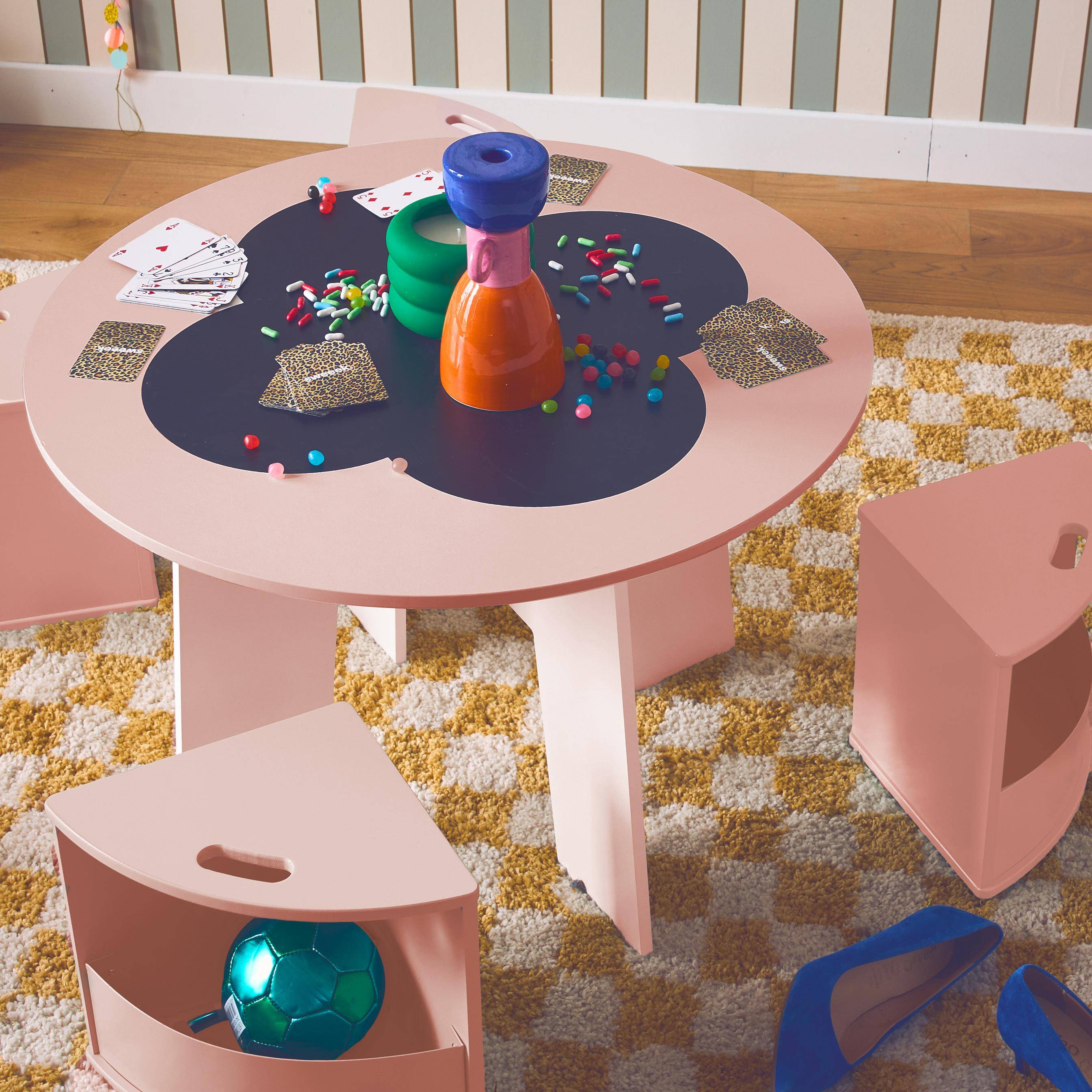 Kindertafel en 4 stoelen, roze, met leisteen en opbergruimte Photo2