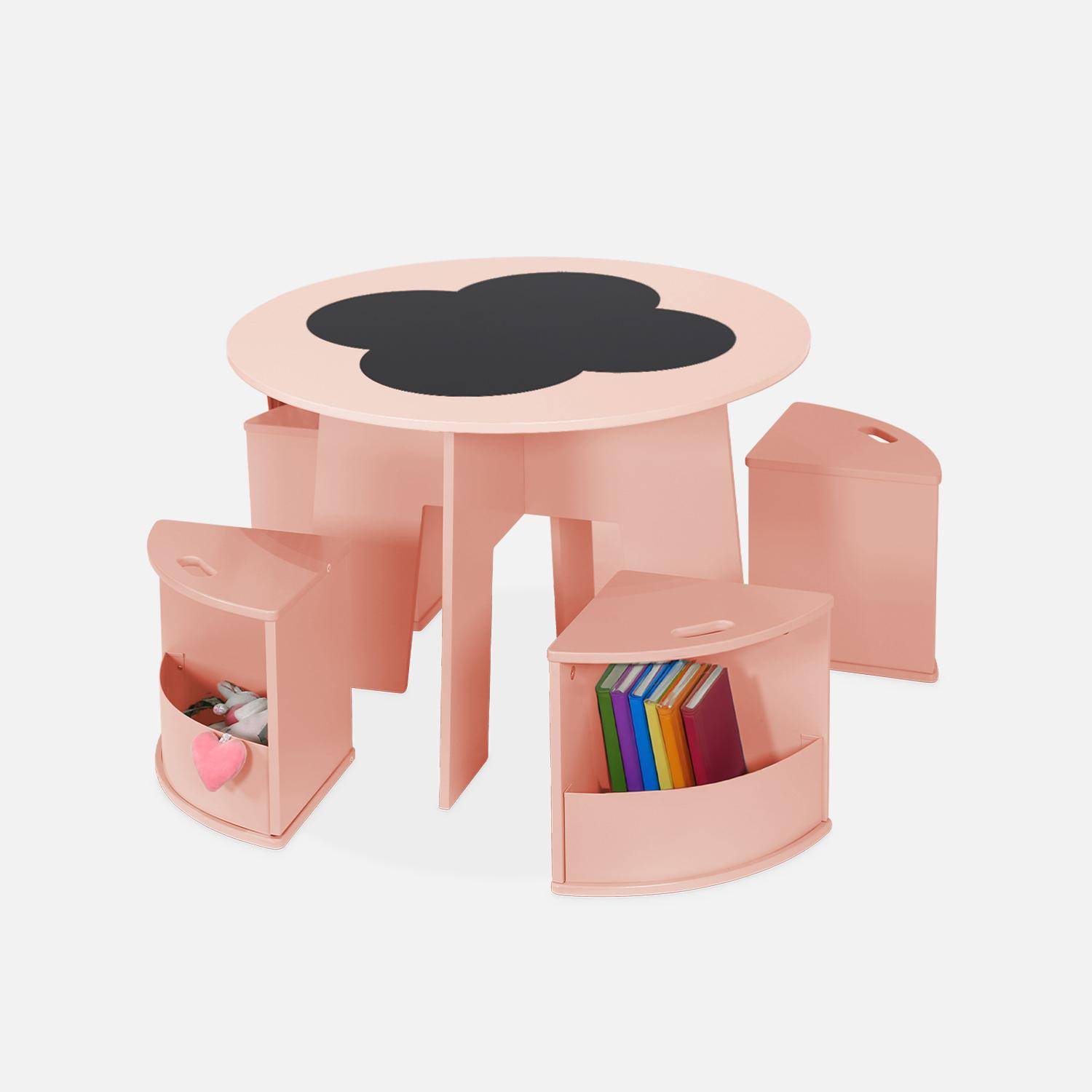 Kindertafel en 4 stoelen, roze, met leisteen en opbergruimte Photo3