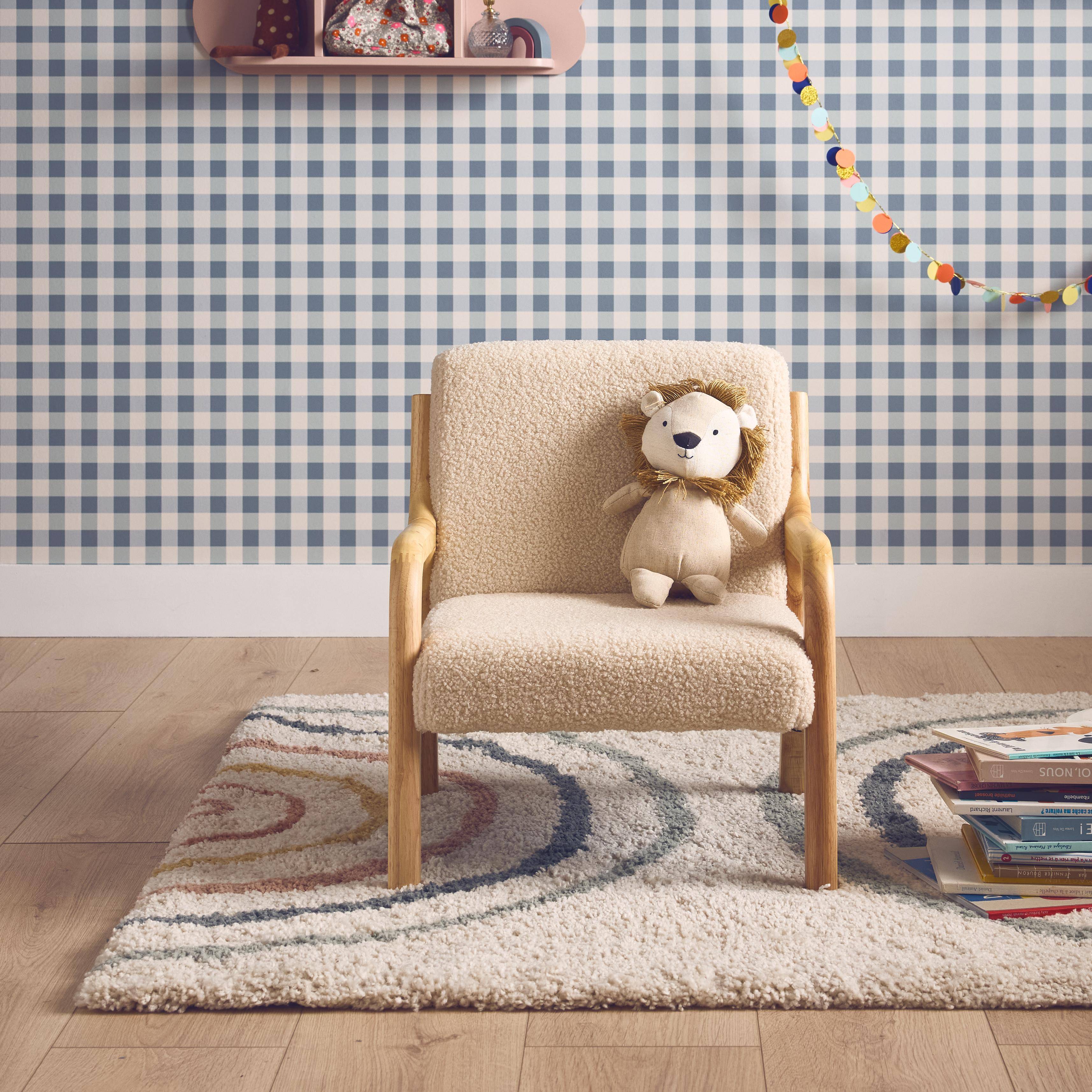 Fauteuil scandinave enfant en bois et tissu bouclette beige Photo1