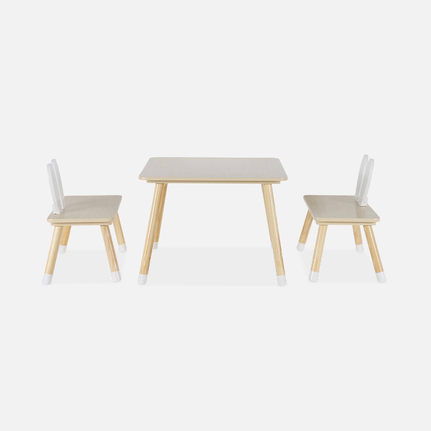 Table enfant + 2 chaises, pieds en pin, couleur blanc et bois  Photo4