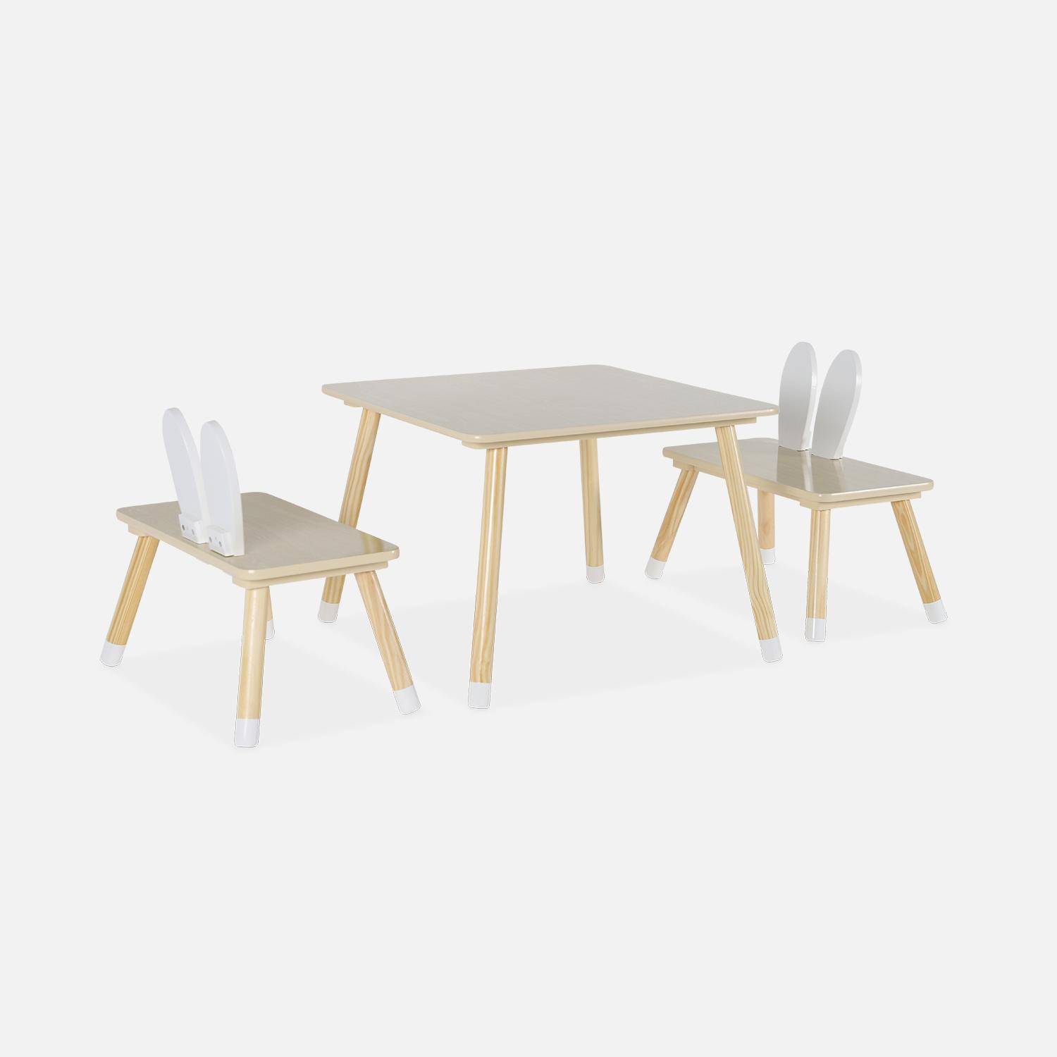 Table enfant + 2 chaises, pieds en pin, couleur blanc et bois  Photo3