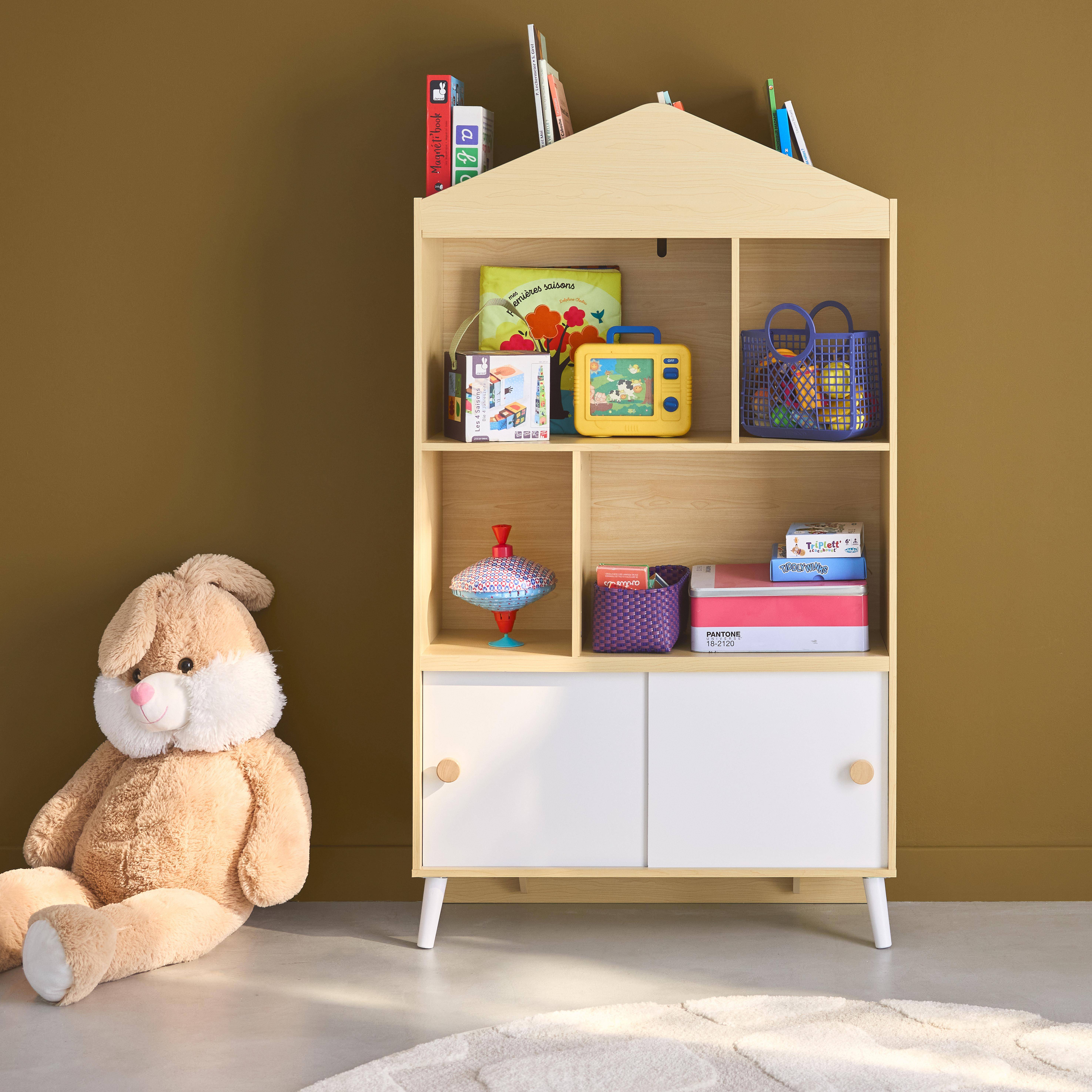 2-door children's bookcase, shelves, Edgar, White and Natural, 80x30x140 cm Photo1