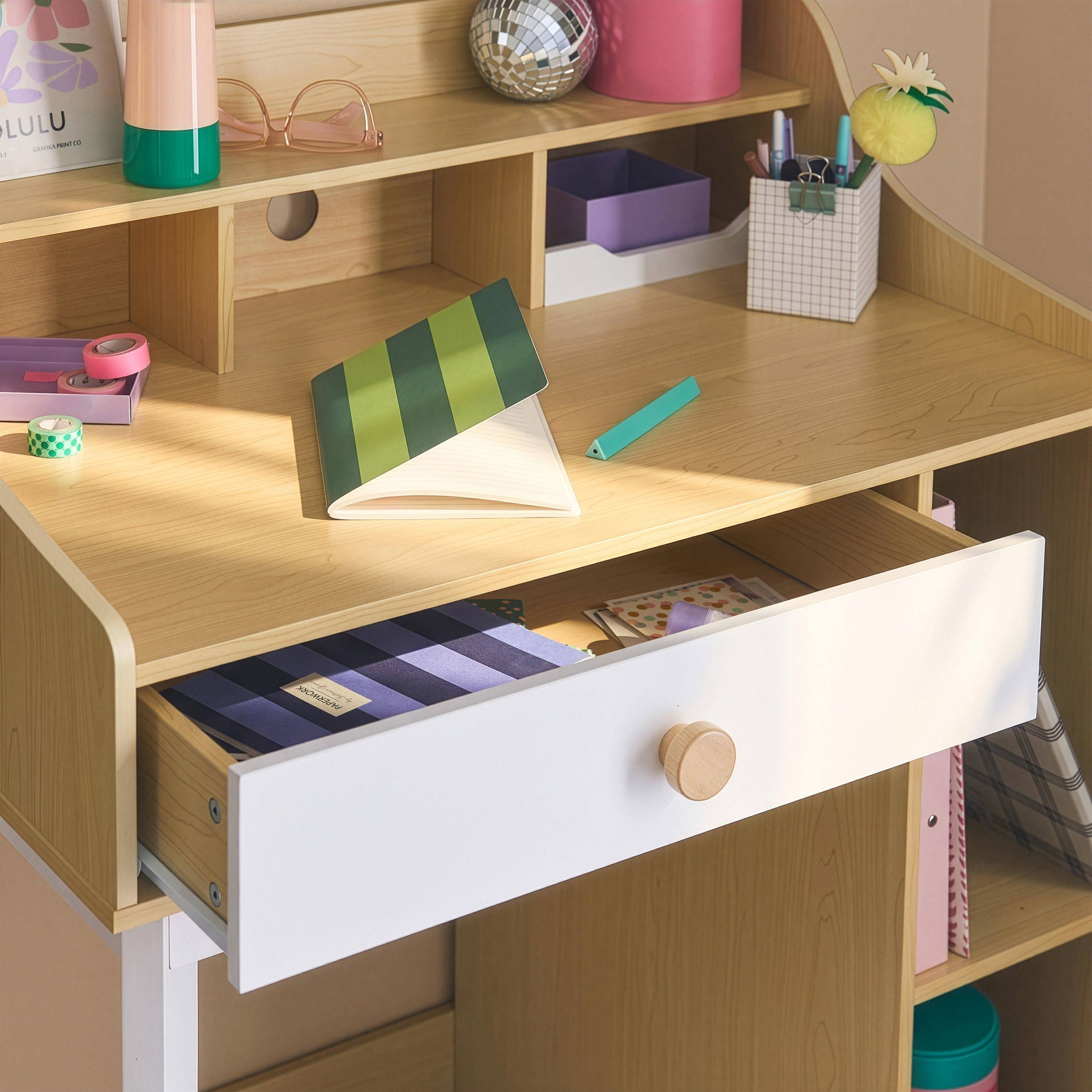 Scrivania per bambini con cassetto e ripiani, Edgar, Bianco e naturale, 80x50x96 cm Photo2