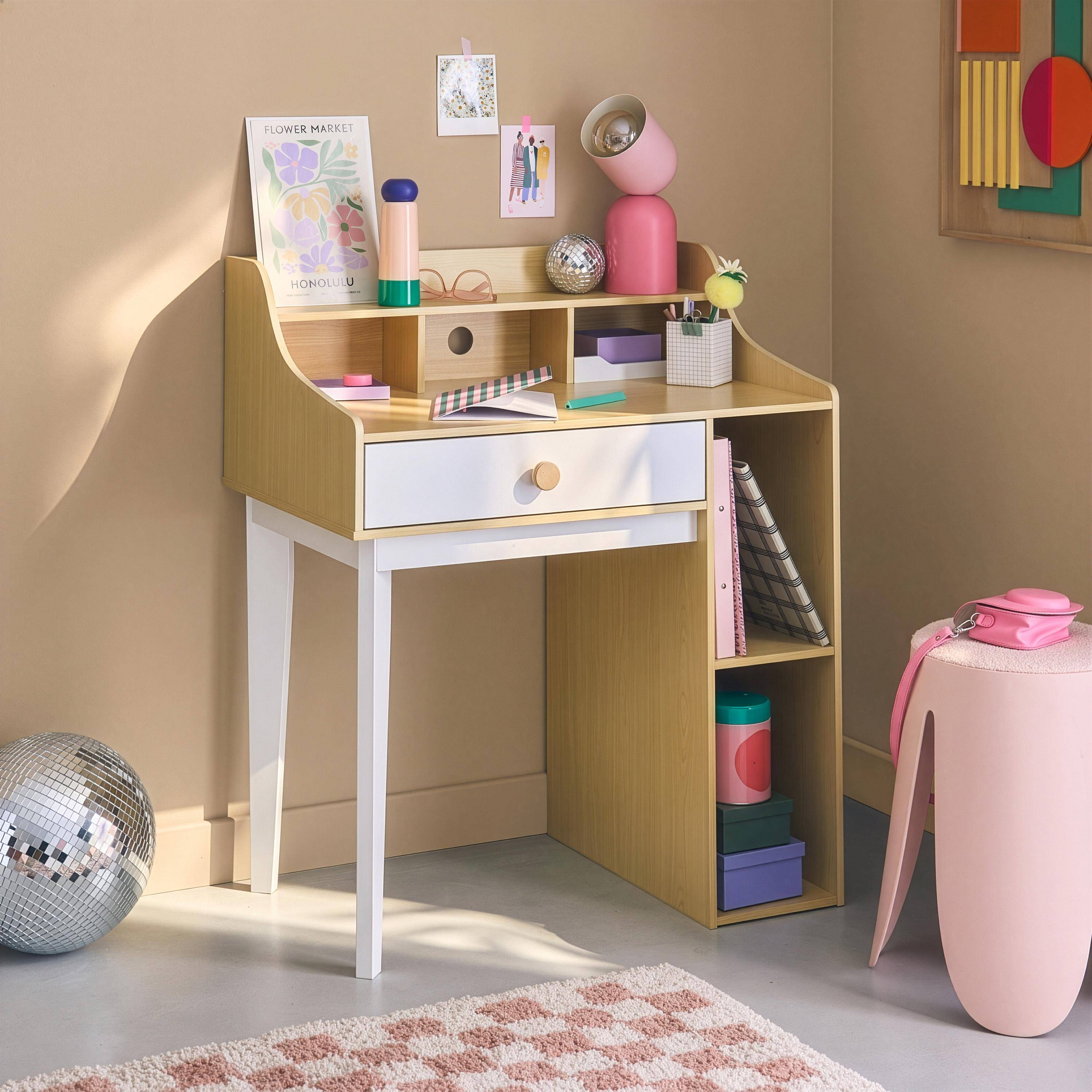 Scrivania per bambini con cassetto e ripiani, Edgar, Bianco e naturale, 80x50x96 cm Photo1