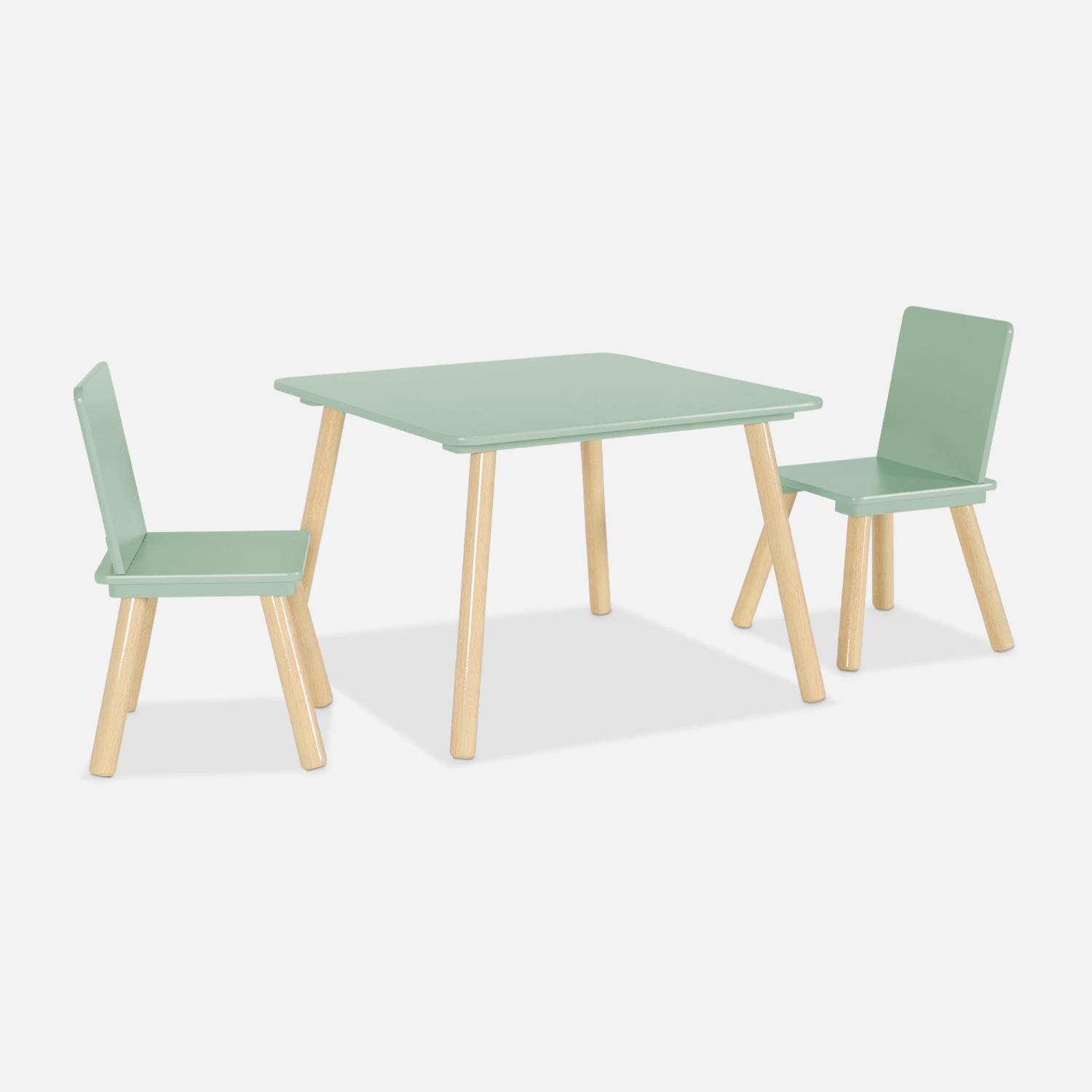 Table carrée enfant + 2 chaises, pieds pin, vert I sweeek