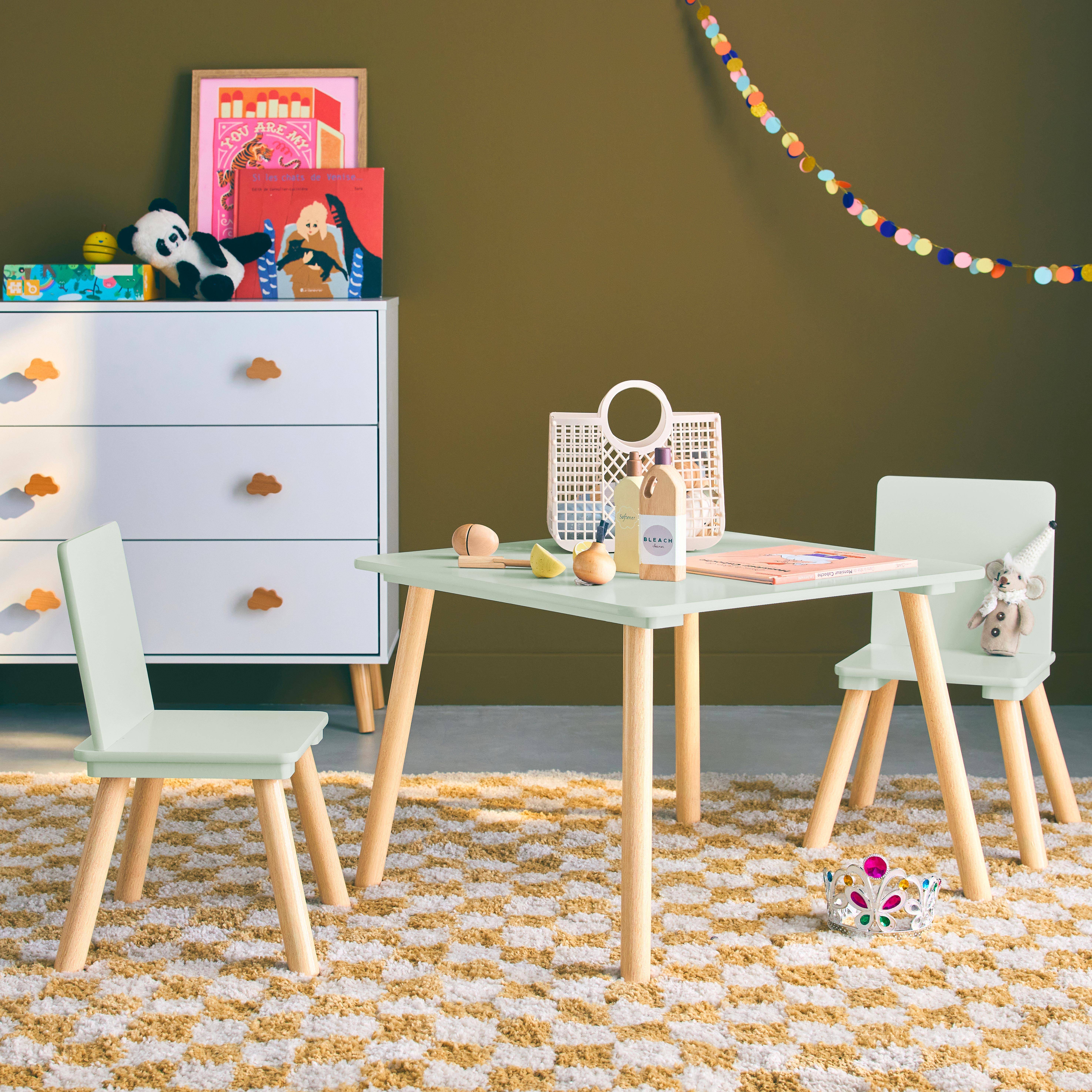 Table carrée enfant avec 2 chaises, pieds en pin, vert Photo1