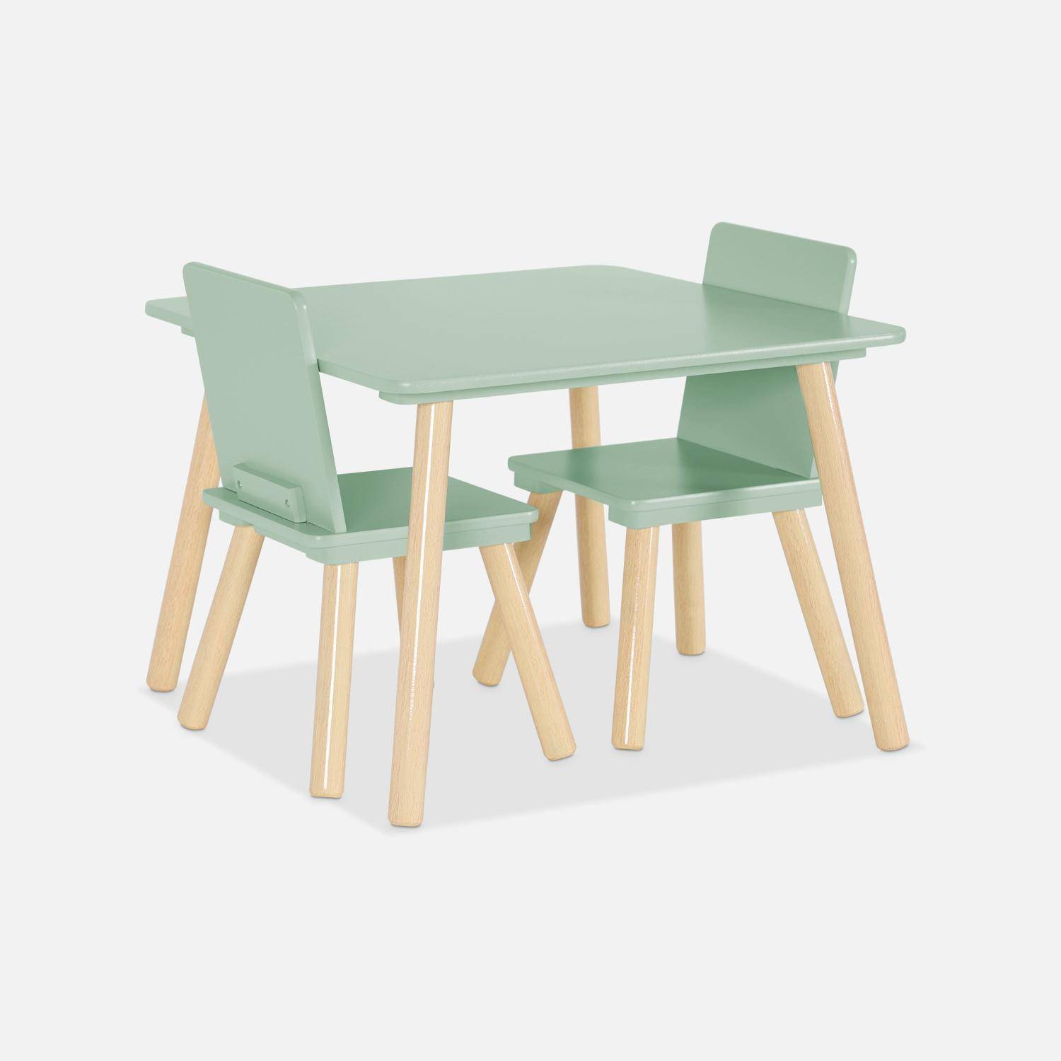 Table carrée enfant avec 2 chaises, pieds en pin, vert,sweeek,Photo2