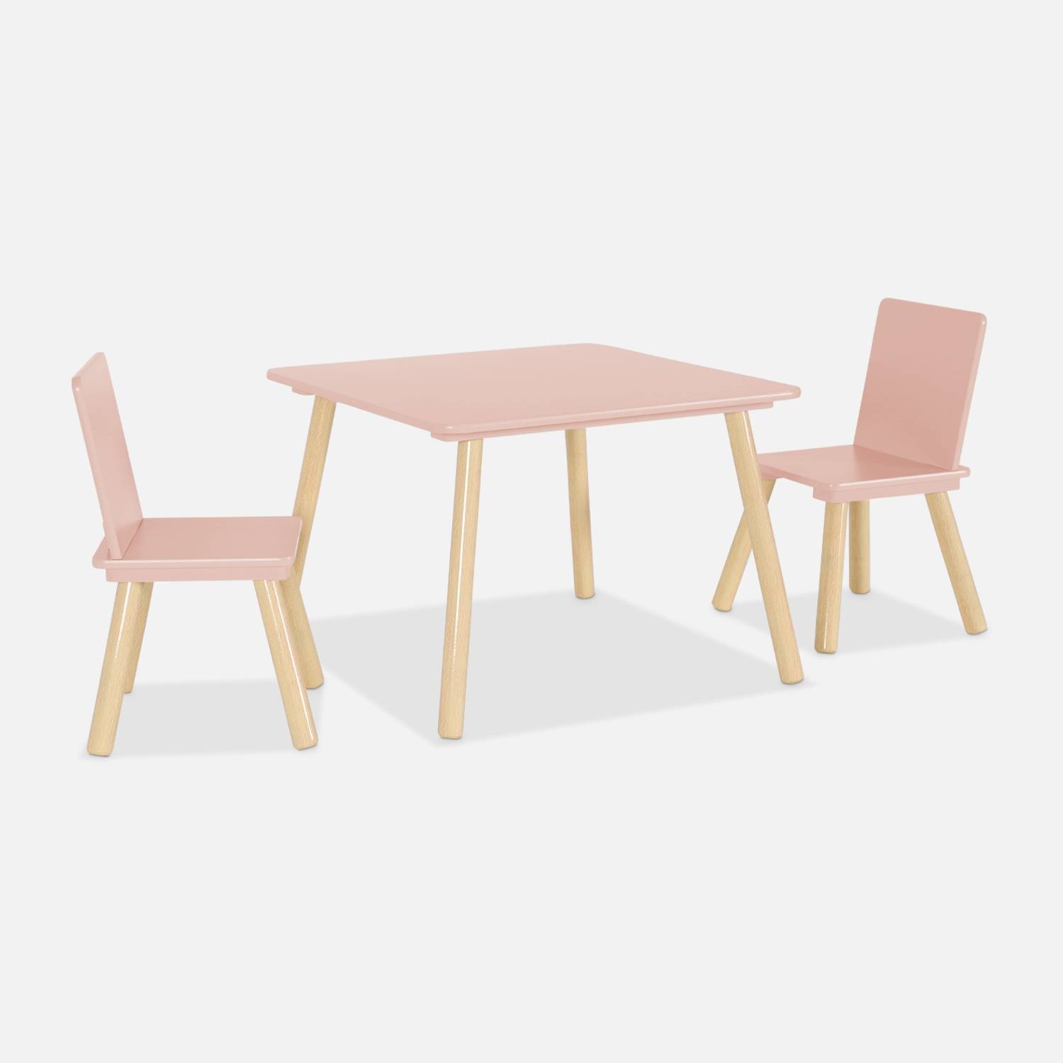 Table carrée enfant + 2 chaises, pieds pin, rose I sweeek