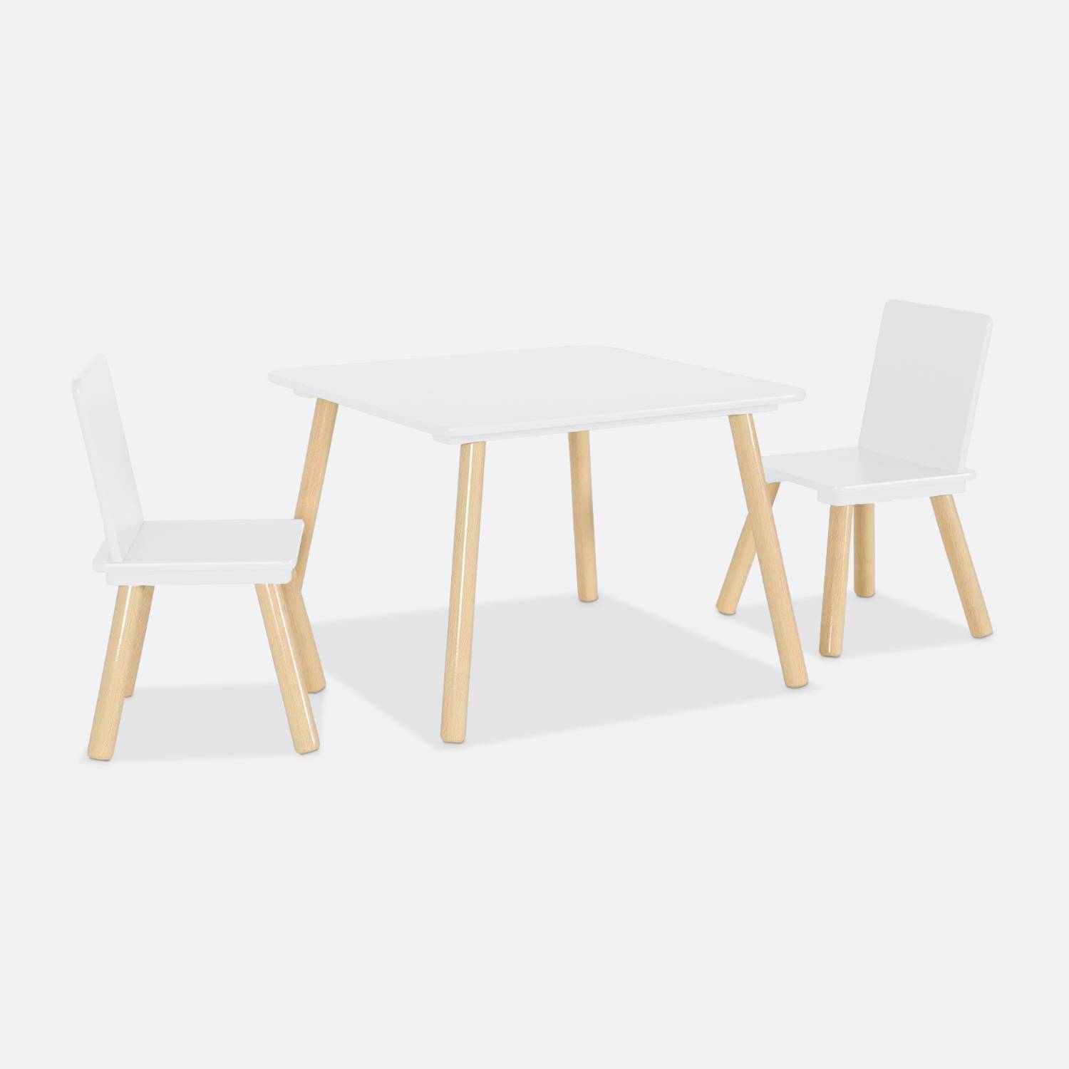Table carrée enfant + 2 chaises, pieds pin, blanc I sweeek