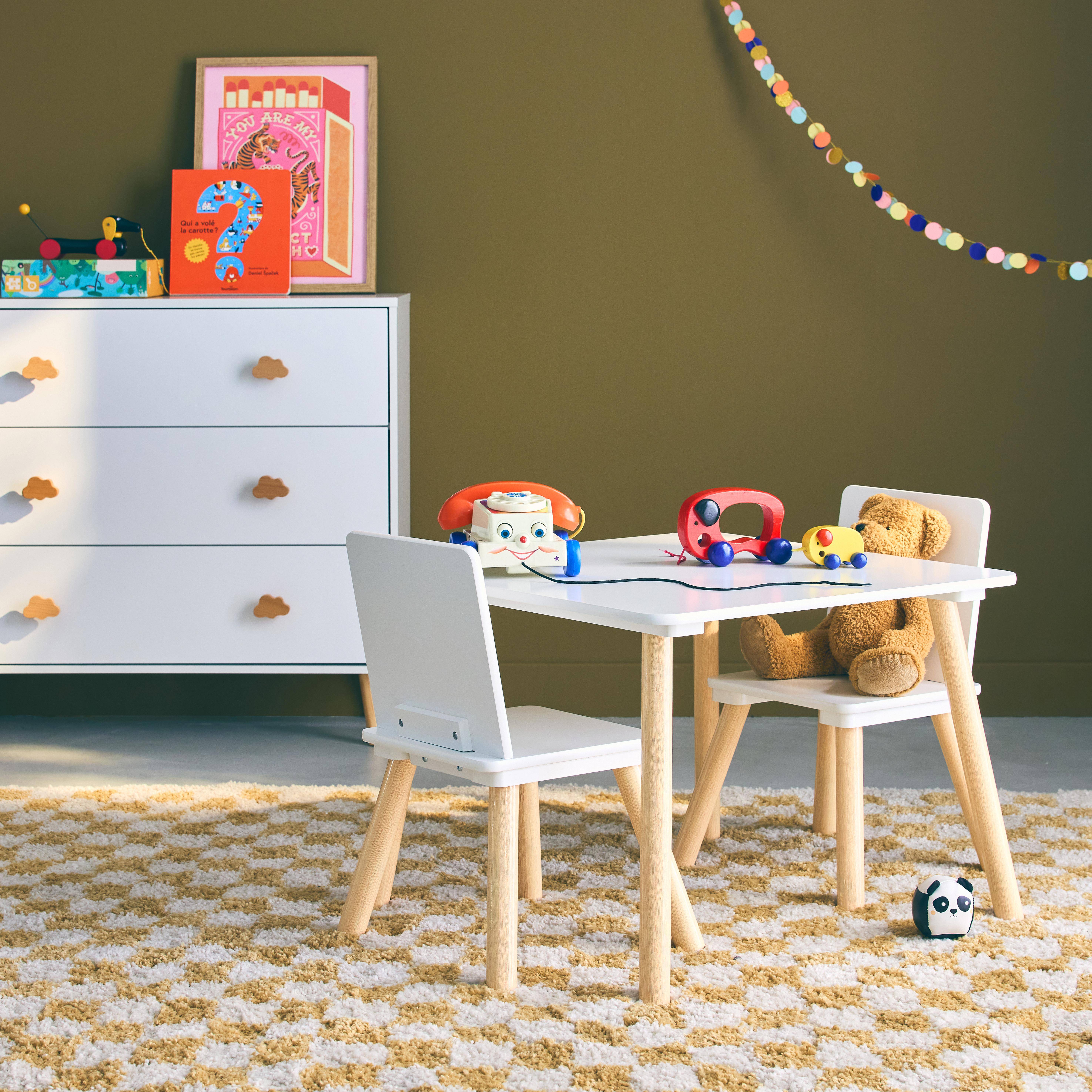 Mesa infantil cuadrada con 2 sillas, Jude, Blanco, 60x60x43 cm,sweeek,Photo1