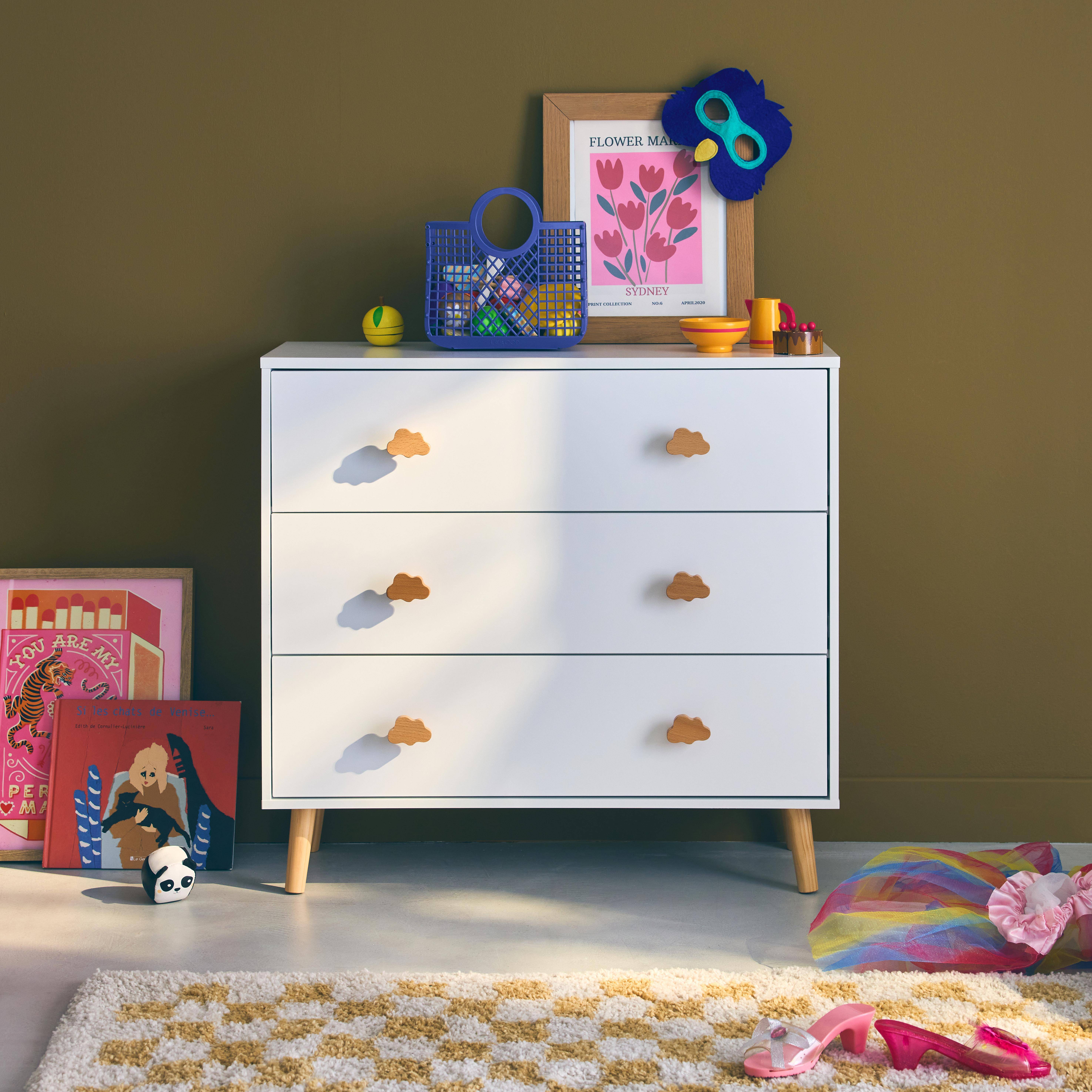 Commode enfant, décor bois, blanc, 3 tiroirs, pieds et poignées en pin   Photo1