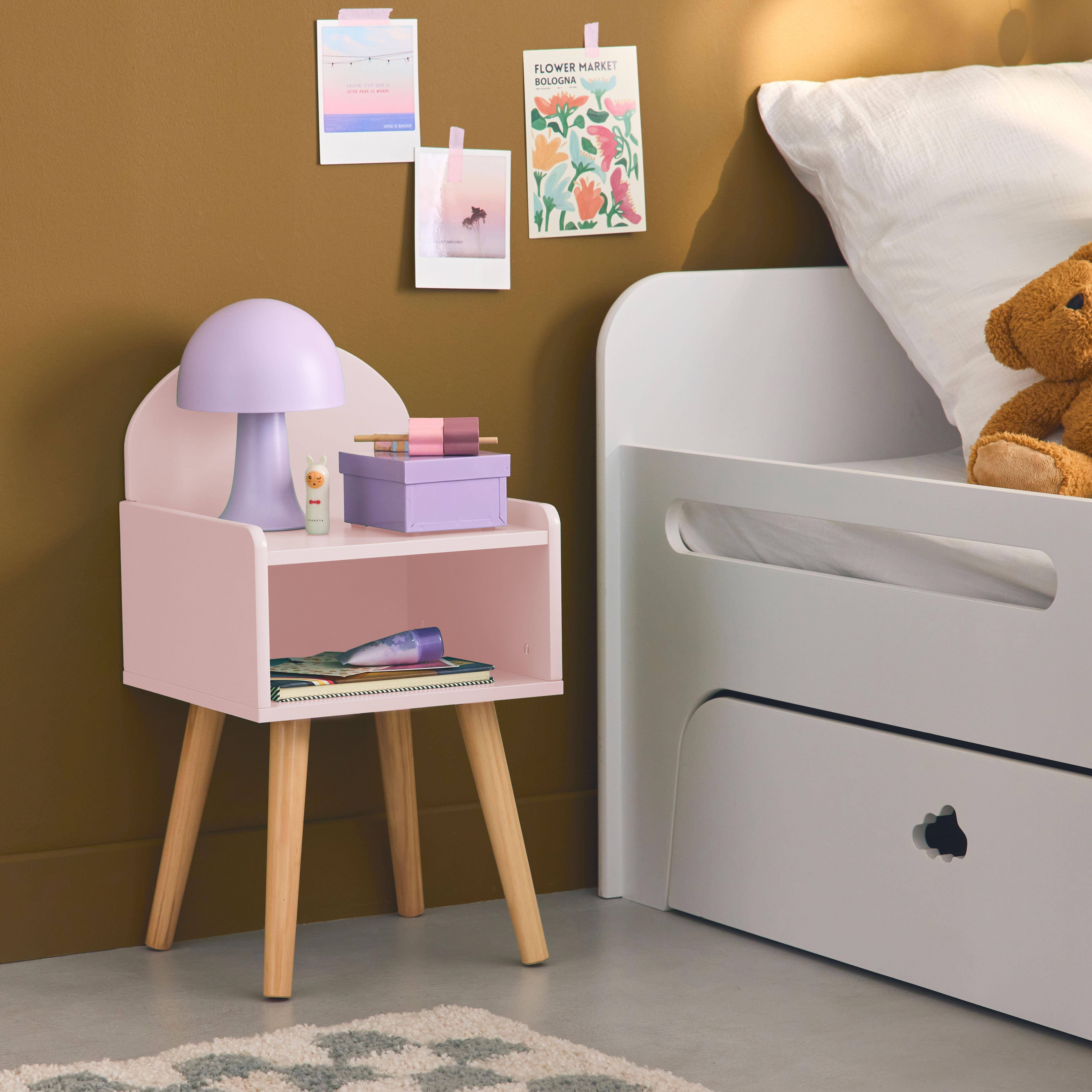 Table de chevet chambre enfant, rose, pieds en pin  Photo1