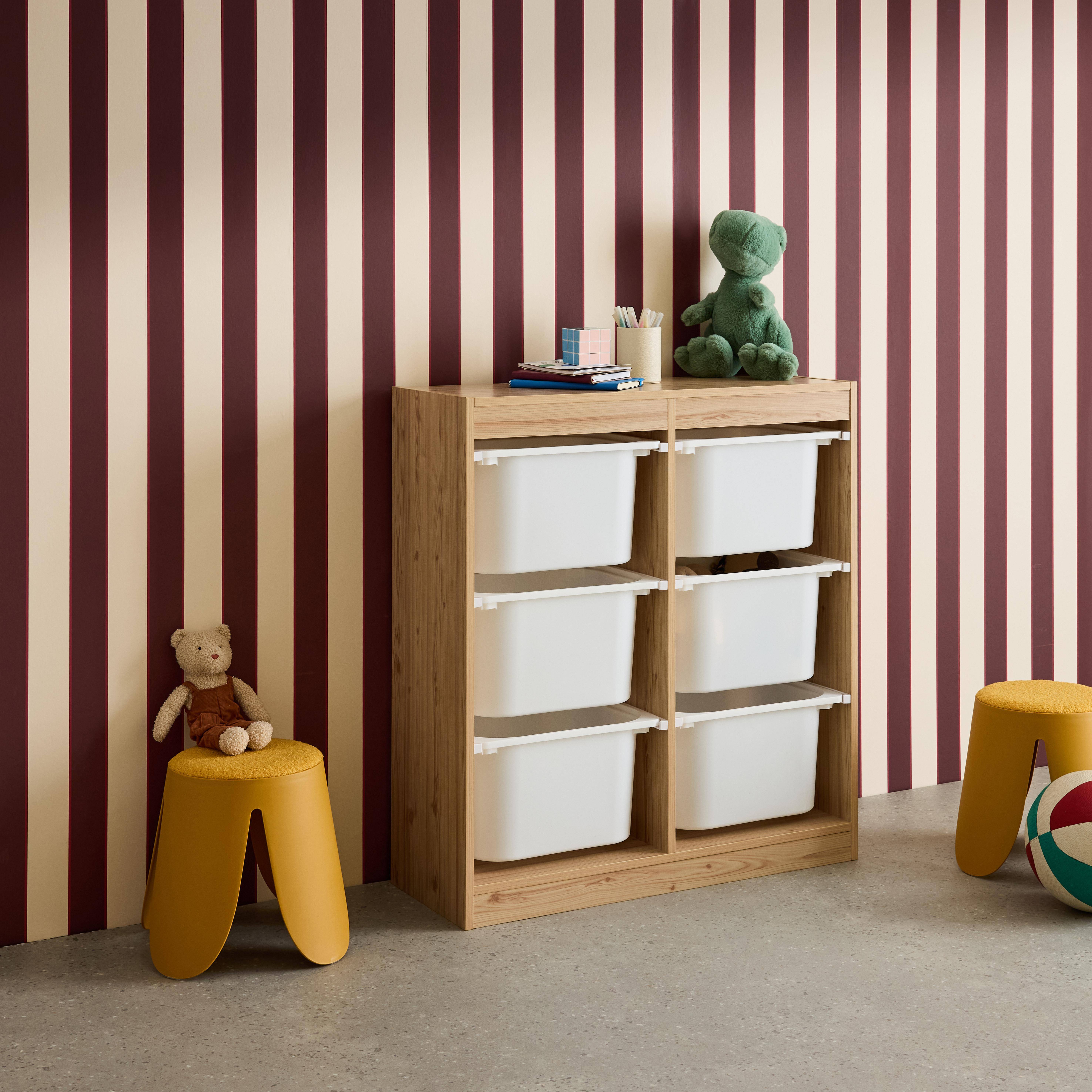Szafka do przechowywania dla dzieci w kolorze naturalnego drewna, 6 plastikowych pojemników do przechowywania Photo2