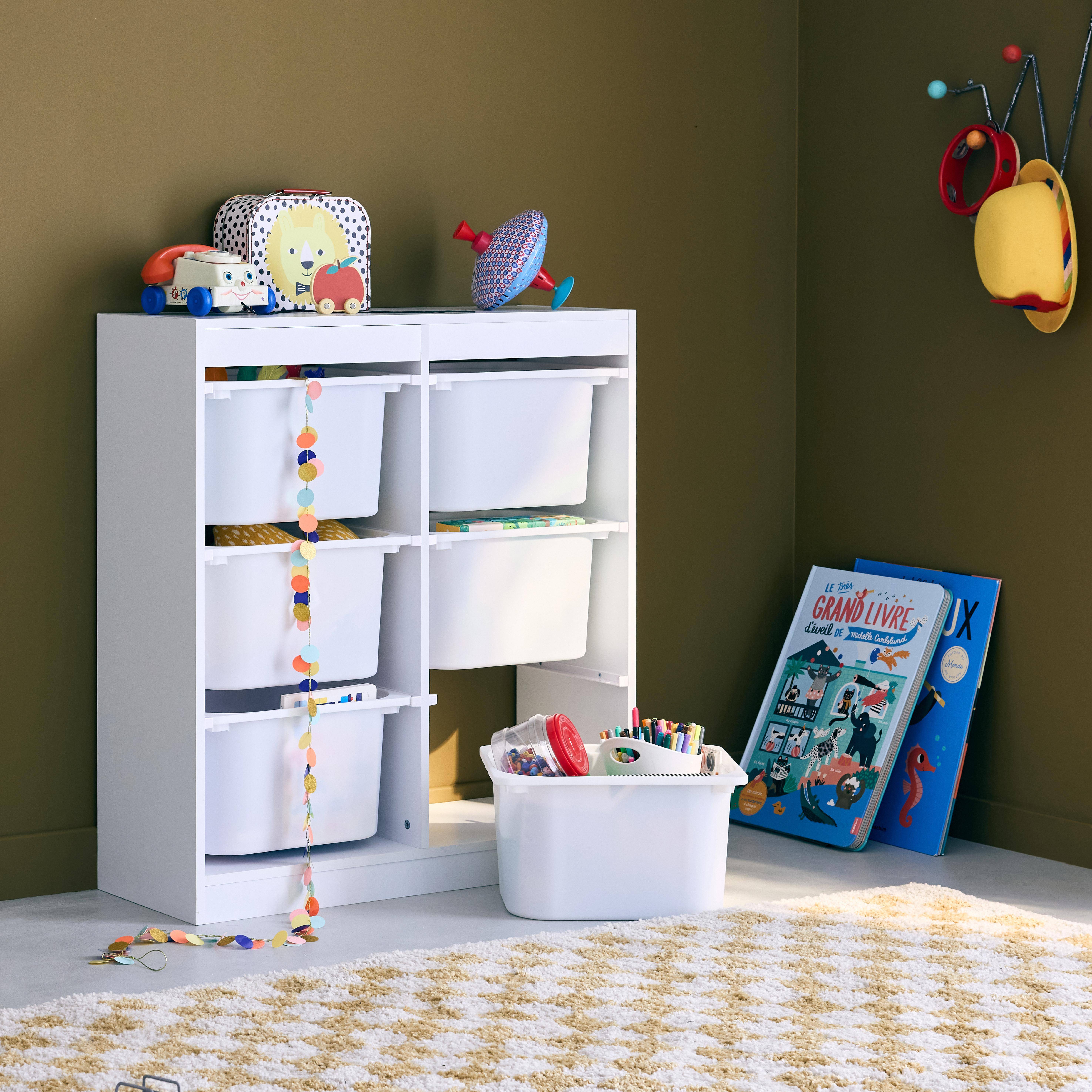 Mueble para niños con 6 cubos de almacenaje, Sora, Blanco, 81.5x30x89 cm Photo1