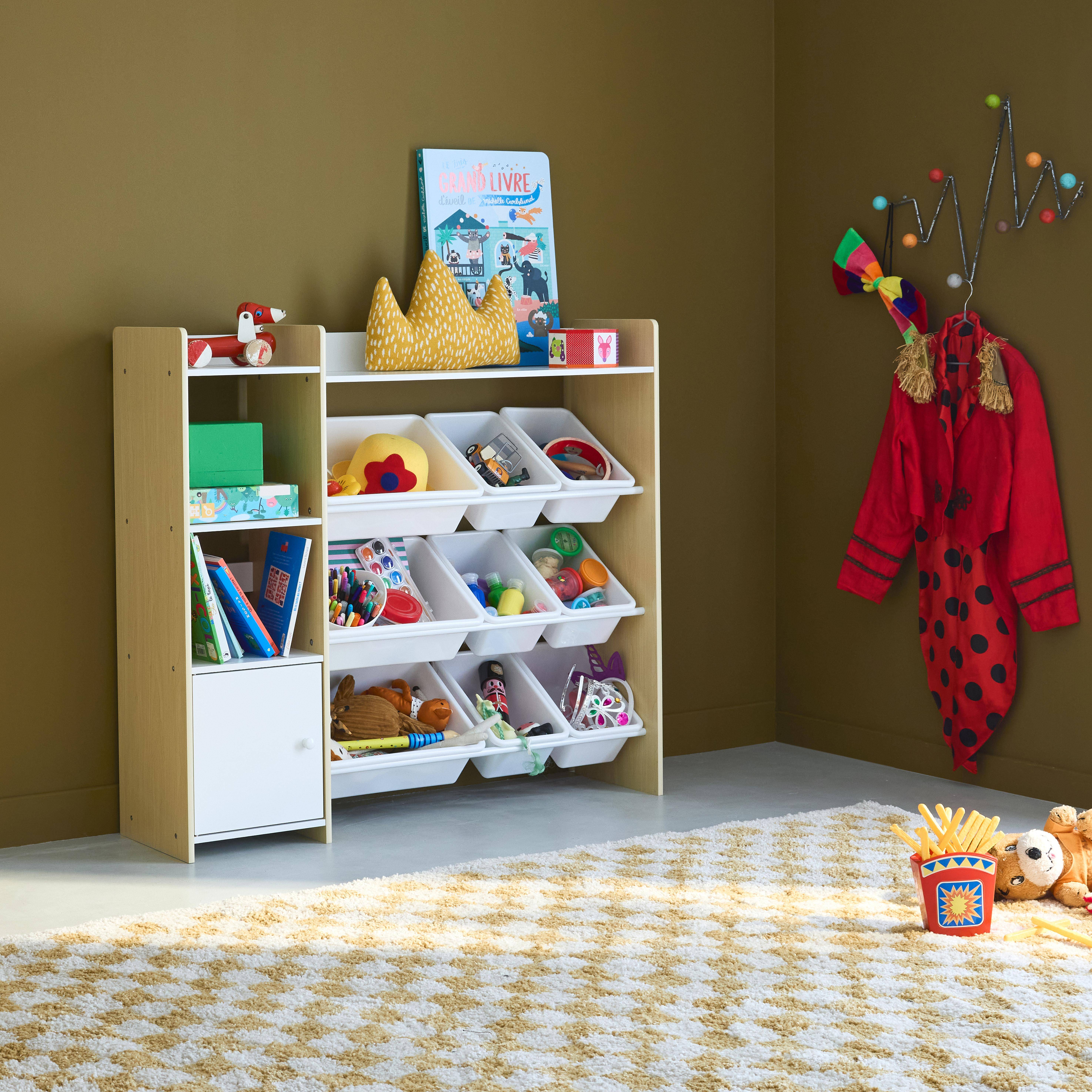 Mueble para niños con 9 cubos, 4 estantes y 1 puerta, Sora, Natural, 111.8x29.7x100 cm,sweeek,Photo2