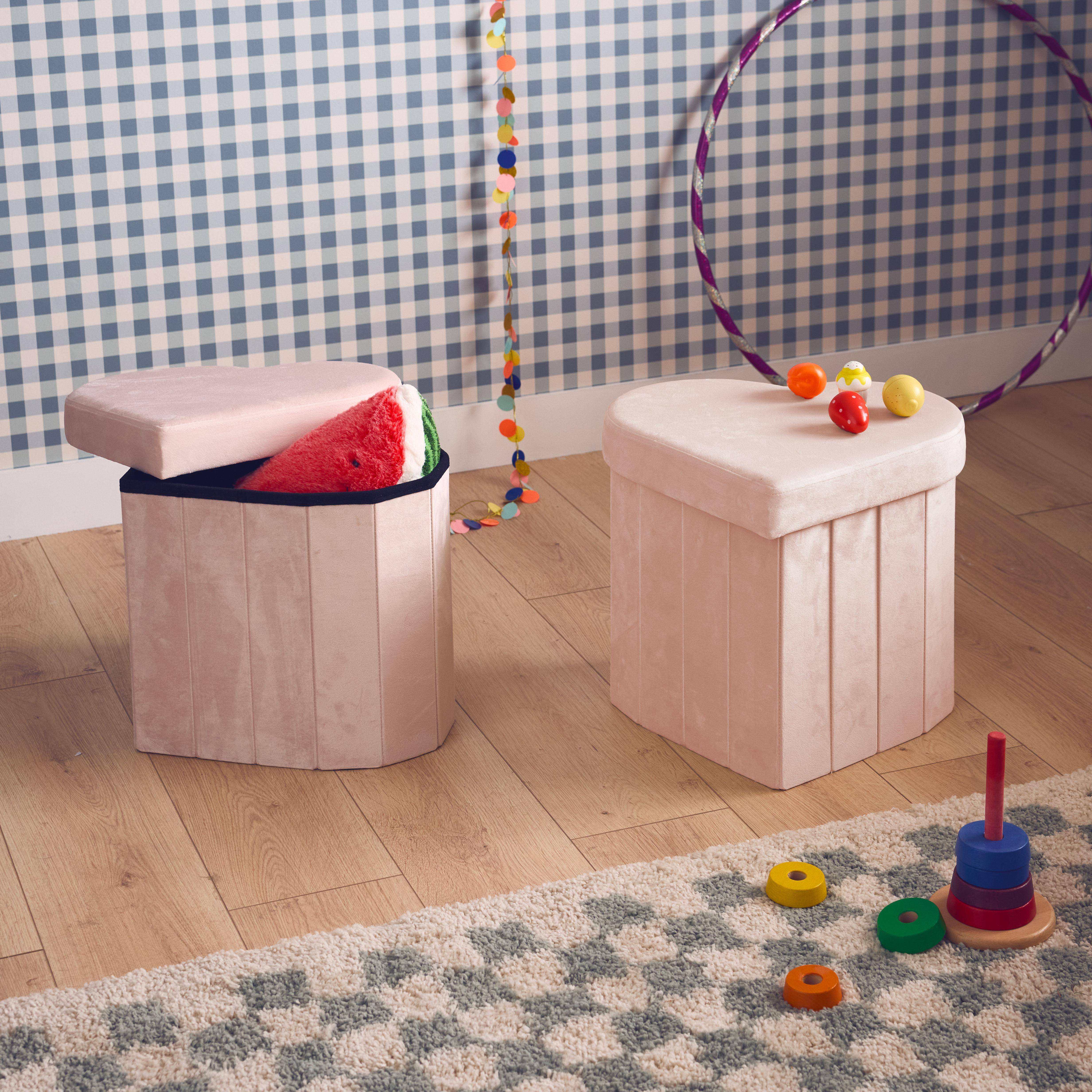Lot de 2 tabourets pliables pour enfant avec assise en velours rose et en forme de cœur  Photo2
