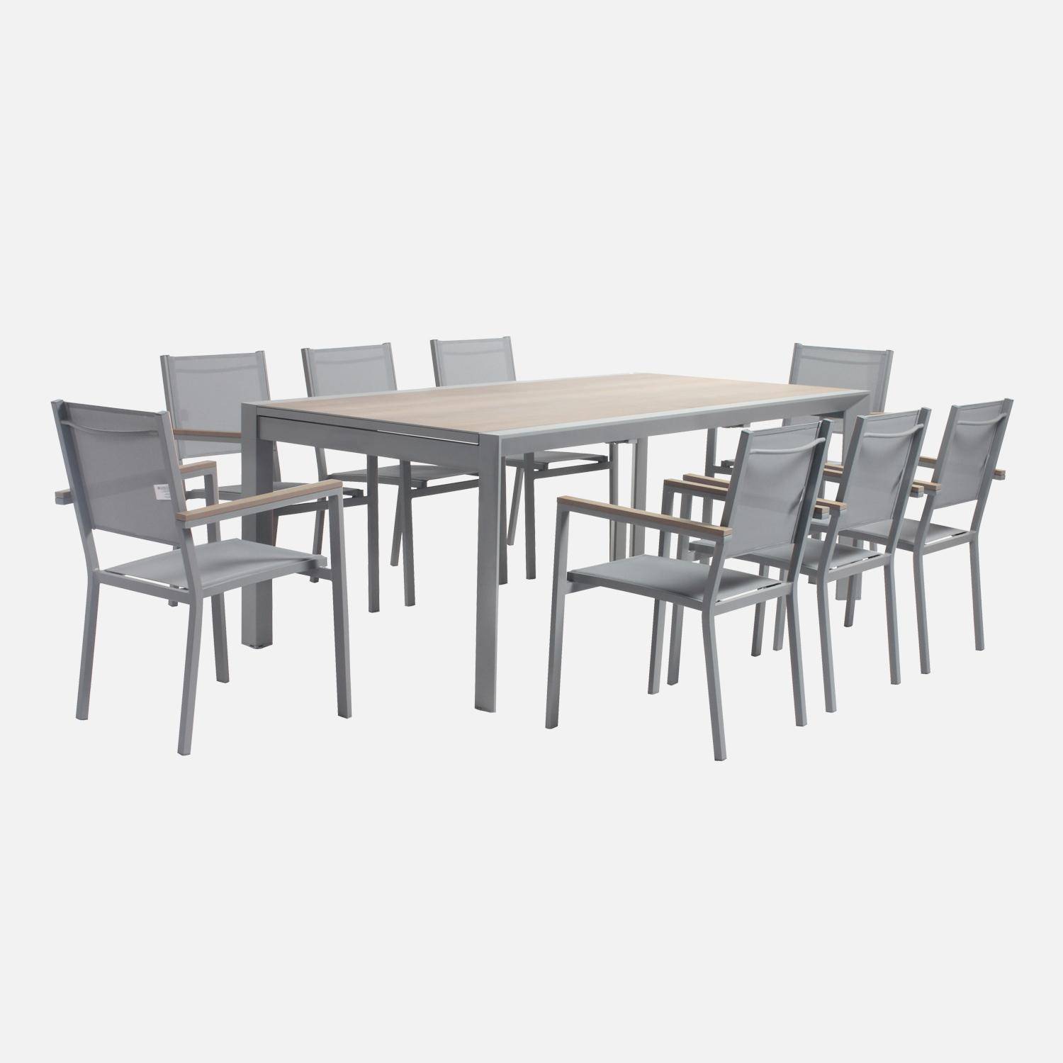 Table de jardin extensible 8 places 200/300cm avec plateau effet bois et structure aluminium gris clair et 8 fauteuils inclus Photo3