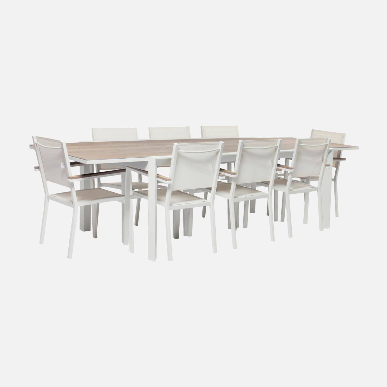 Table de jardin extensible 8 places 200/300cm avec plateau effet bois et structure aluminium blanc et 8 fauteuils inclus,sweeek,Photo3