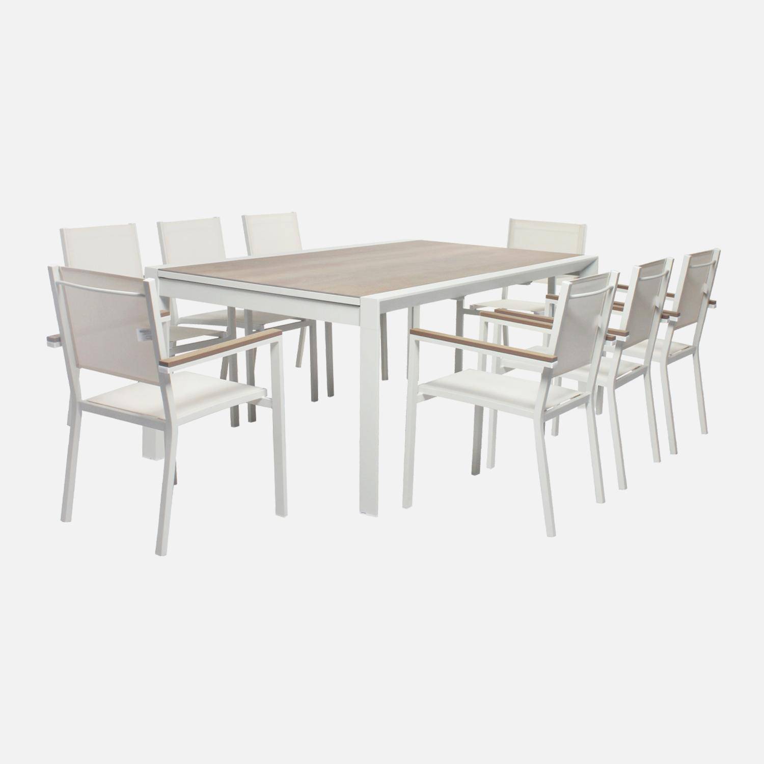 Table de jardin extensible 8 places 200/300cm avec plateau effet bois et structure aluminium blanc et 8 fauteuils inclus,sweeek,Photo4