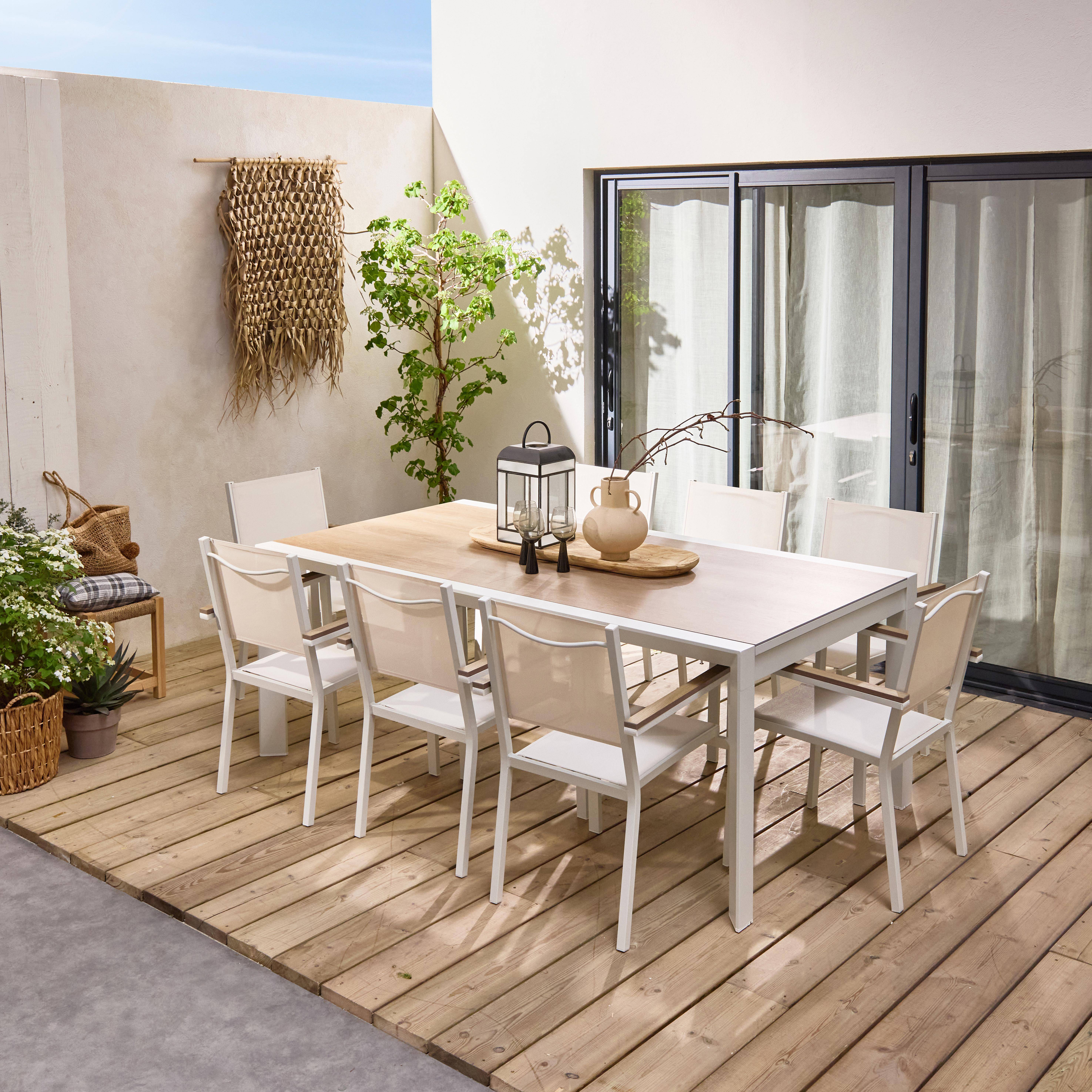 Table de jardin extensible 8 places 200/300cm avec plateau effet bois et structure aluminium blanc et 8 fauteuils inclus,sweeek,Photo2