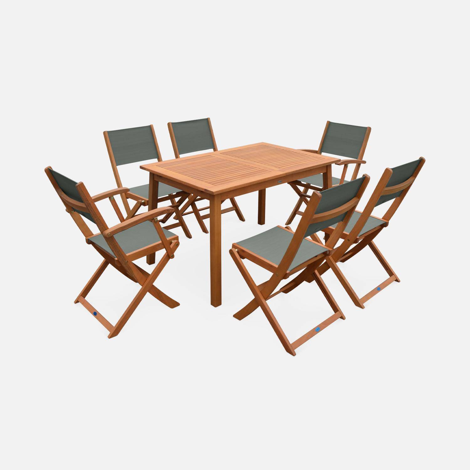 Salon de jardin savane extensible - Almeria - Table 120/180cm avec rallonge, 2 fauteuils et 4 chaises, en bois d'Eucalyptus FSC huilé et textilène savane Photo4