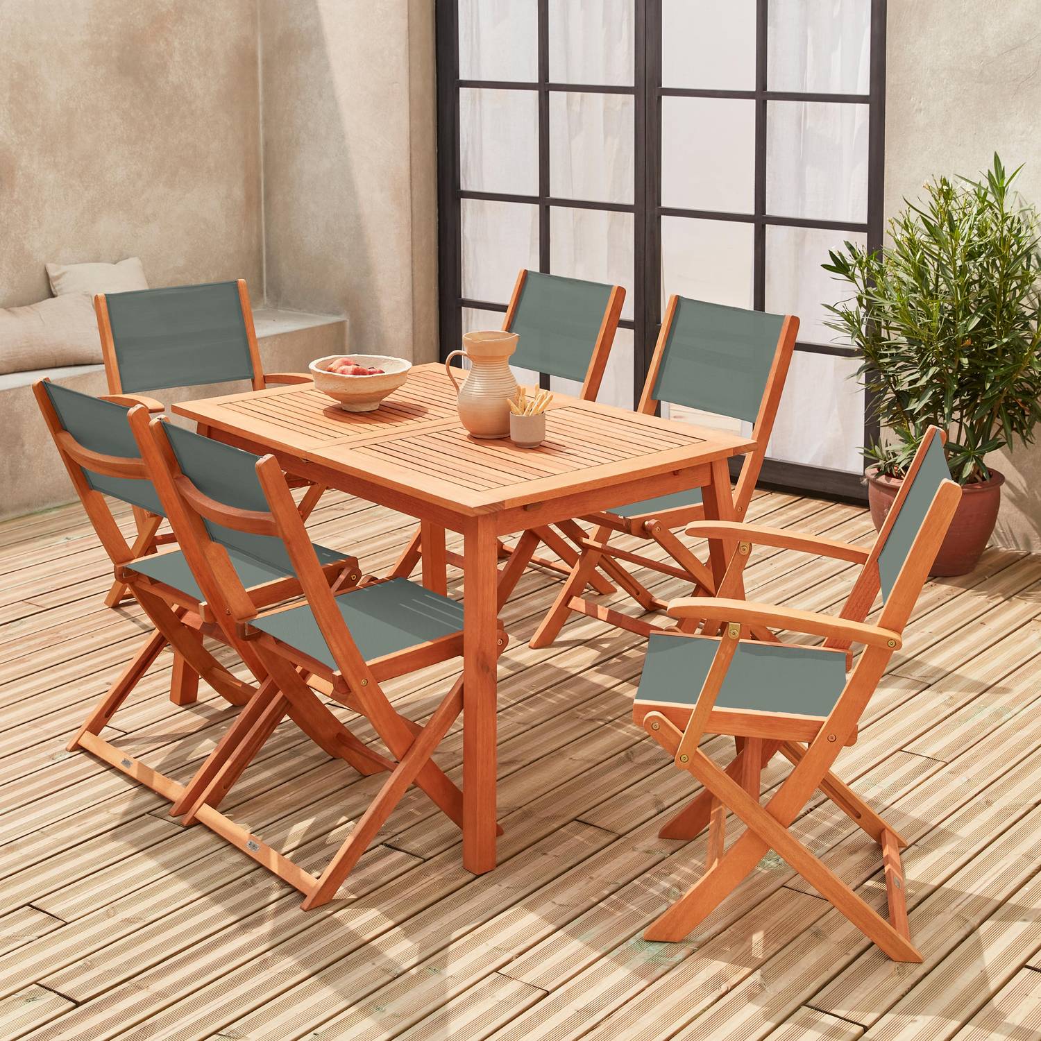 Salon de jardin savane extensible - Almeria - Table 120/180cm avec rallonge, 2 fauteuils et 4 chaises, en bois d'Eucalyptus FSC huilé et textilène savane Photo2