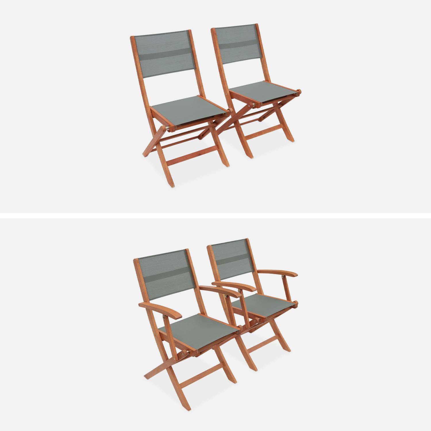 Salon de jardin savane extensible - Almeria - Table 120/180cm avec rallonge, 2 fauteuils et 4 chaises, en bois d'Eucalyptus FSC huilé et textilène savane Photo6