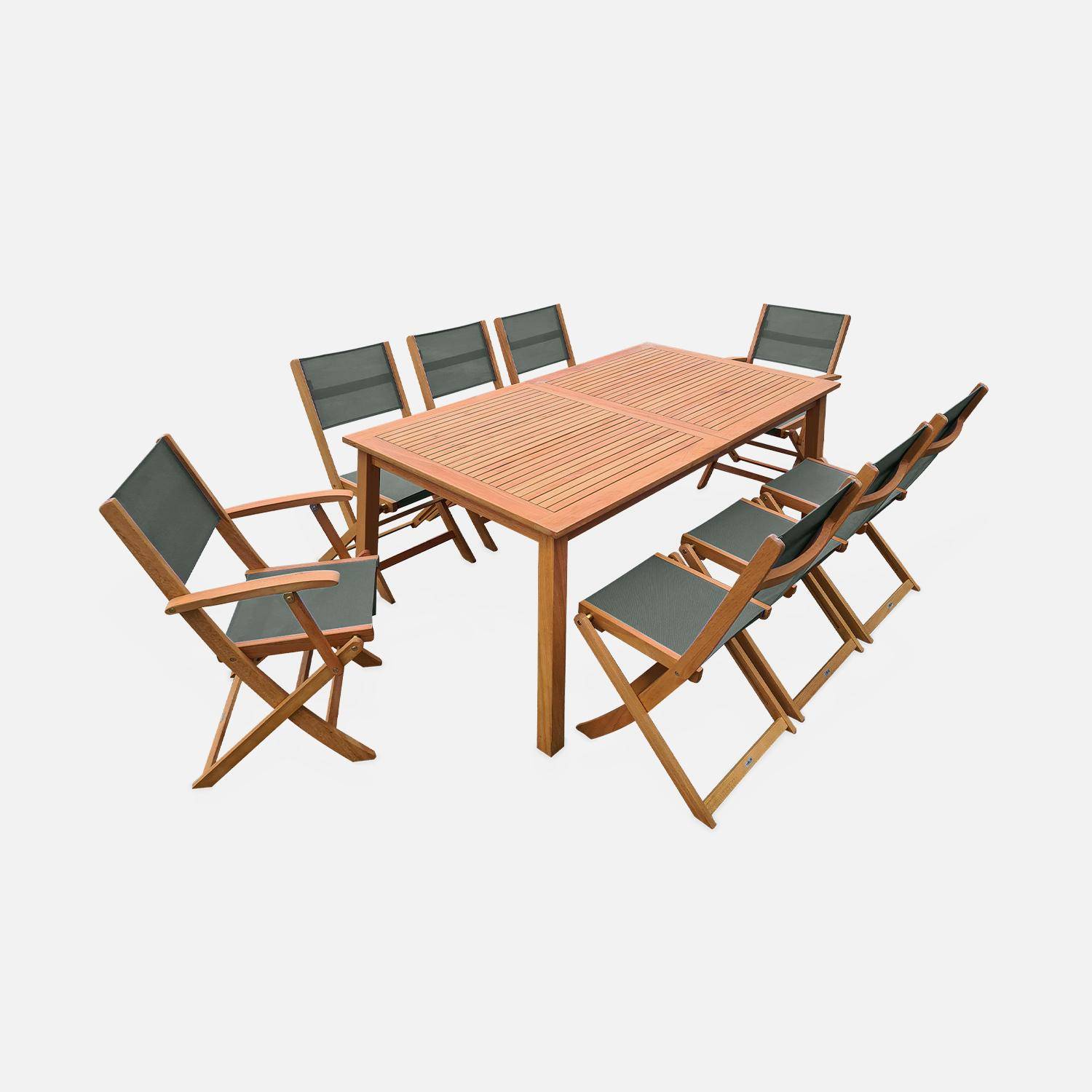 Salon de jardin en bois extensible - Almeria - Grande table 180/240cm avec rallonge, 2 fauteuils et 6 chaises, en bois d'Eucalyptus FSC huilé et textilène savane,sweeek,Photo4