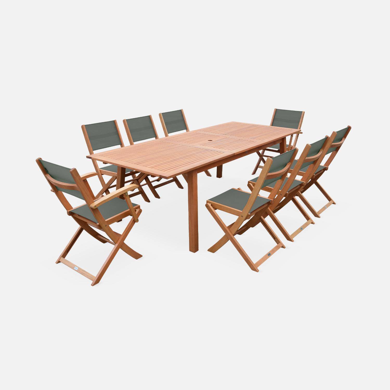 Salon de jardin en bois extensible - Almeria - Grande table 180/240cm avec rallonge, 2 fauteuils et 6 chaises, en bois d'Eucalyptus FSC huilé et textilène savane Photo3