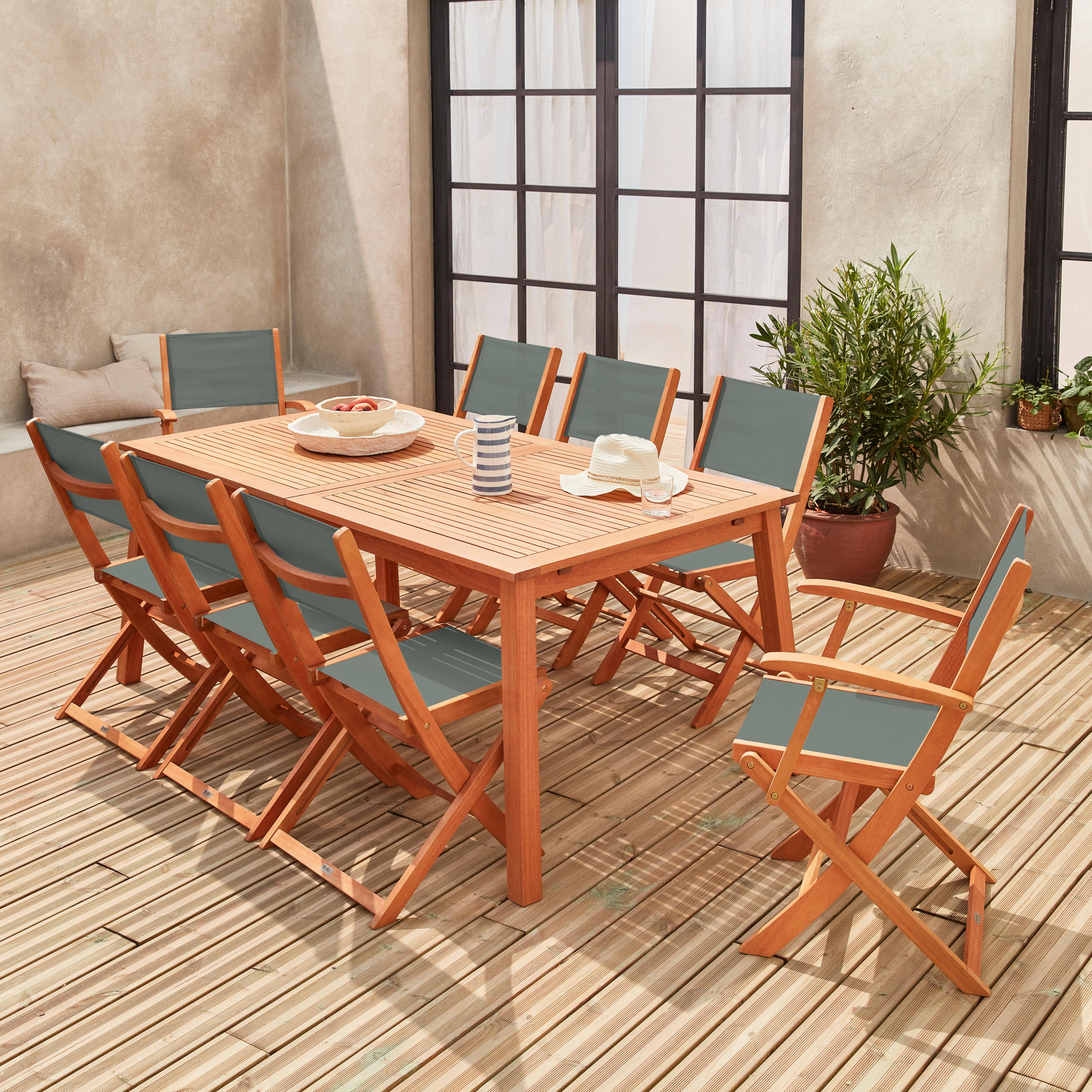 Salon de jardin en bois extensible - Almeria - Grande table 180/240cm avec rallonge, 2 fauteuils et 6 chaises, en bois d'Eucalyptus FSC huilé et textilène savane,sweeek,Photo2
