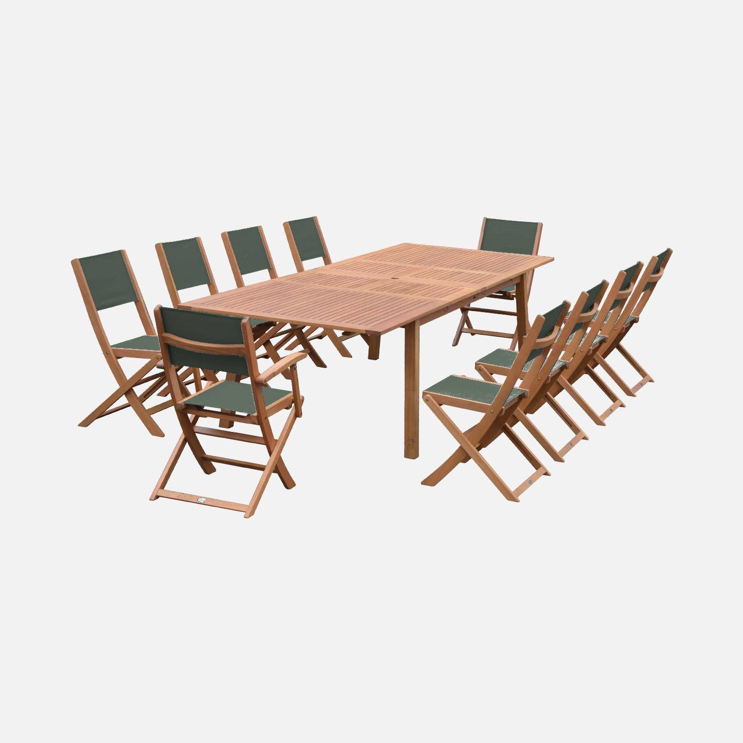 Salon de jardin en bois extensible - Almeria - Grande table 200/250/300cm avec 2 rallonges, 2 fauteuils et 8 chaises, en bois d'Eucalyptus FSC huilé et textilène savane Photo3