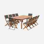 Salon de jardin en bois extensible - Almeria - Grande table 200/250/300cm avec 2 rallonges, 2 fauteuils et 8 chaises, en bois d'Eucalyptus FSC huilé et textilène savane Photo4