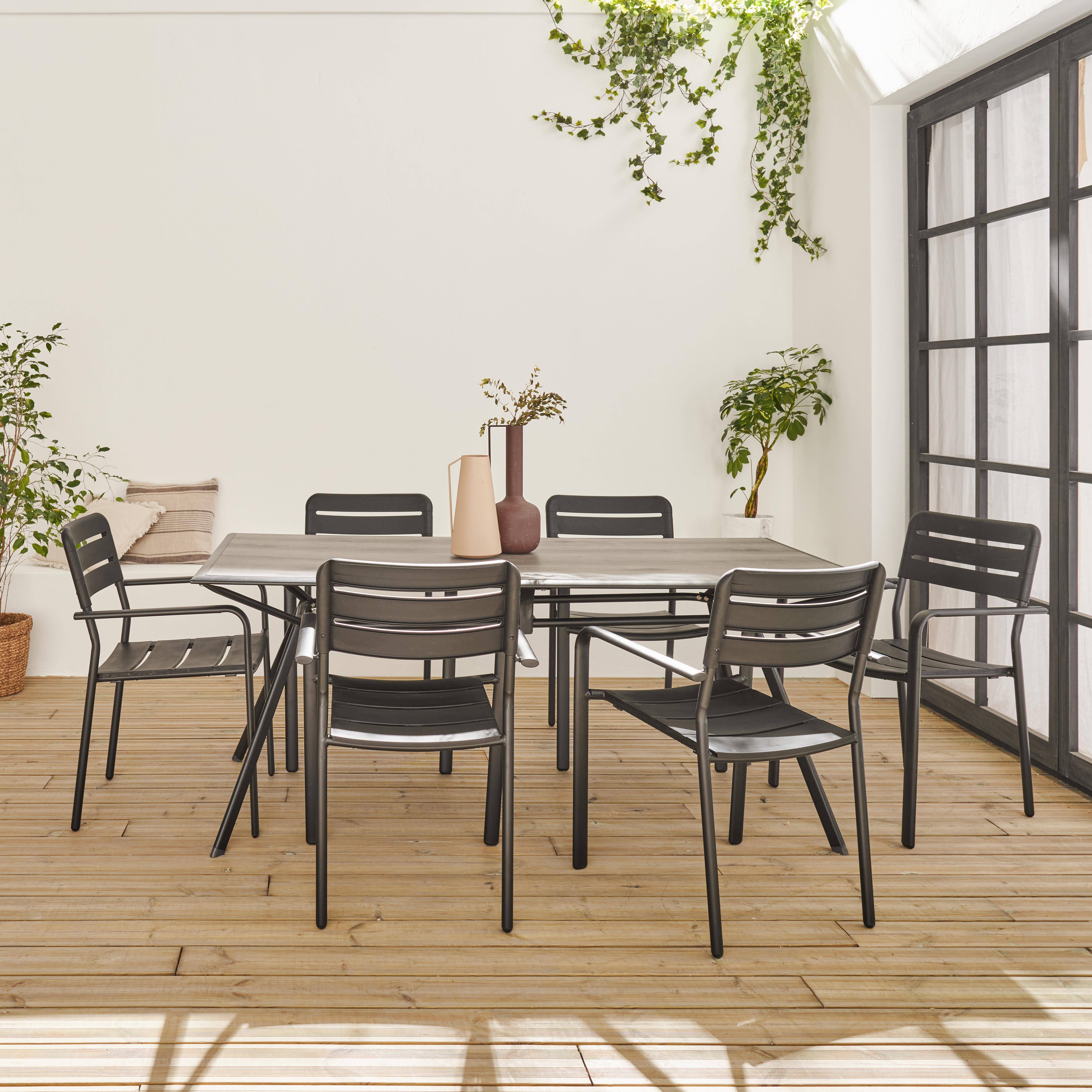 Table de jardin longueur 180cm plateau effet bois structure acier avec 6 chaises en acier incluses ,sweeek,Photo2