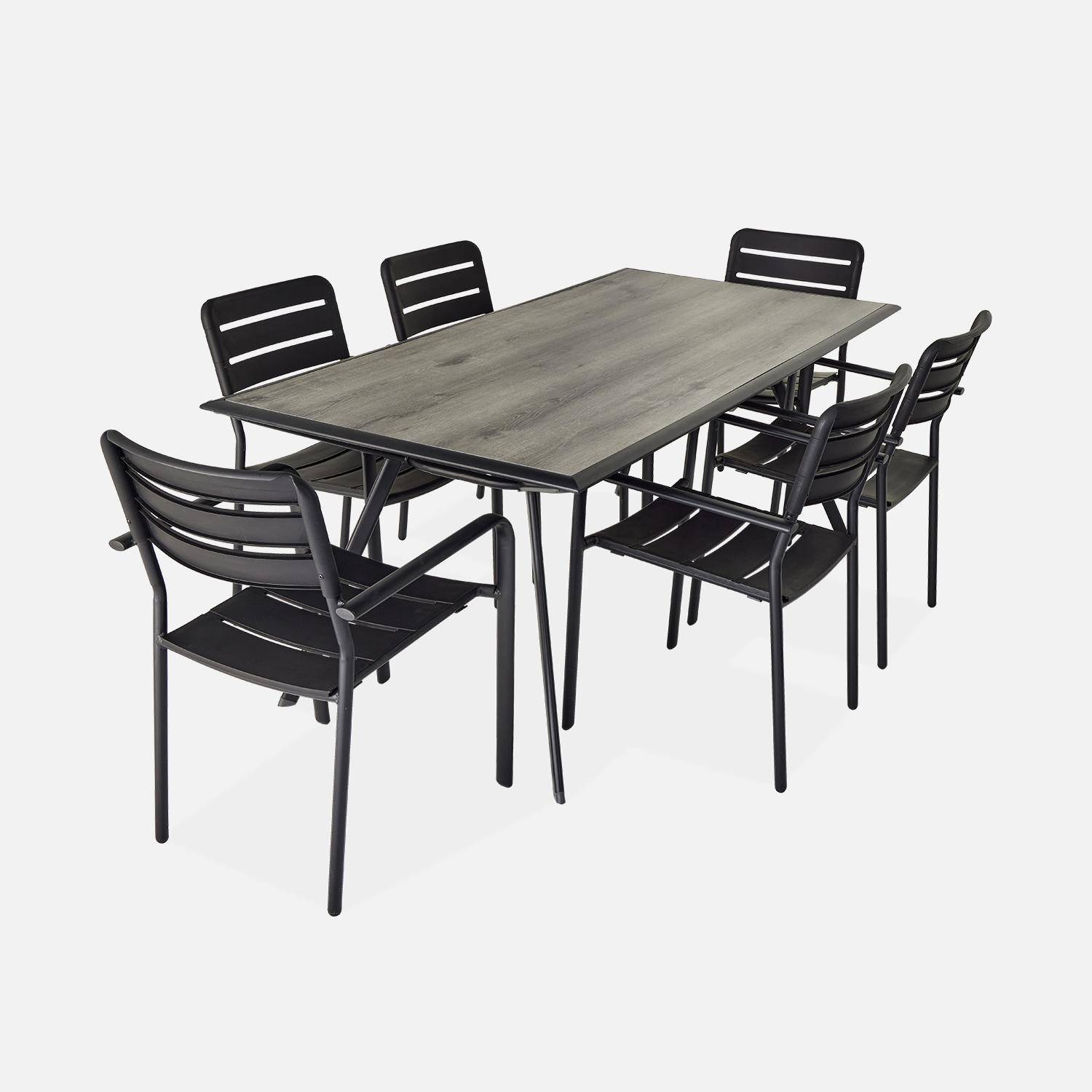 Table de jardin longueur 180cm plateau effet bois structure acier avec 6 chaises en acier incluses ,sweeek,Photo3