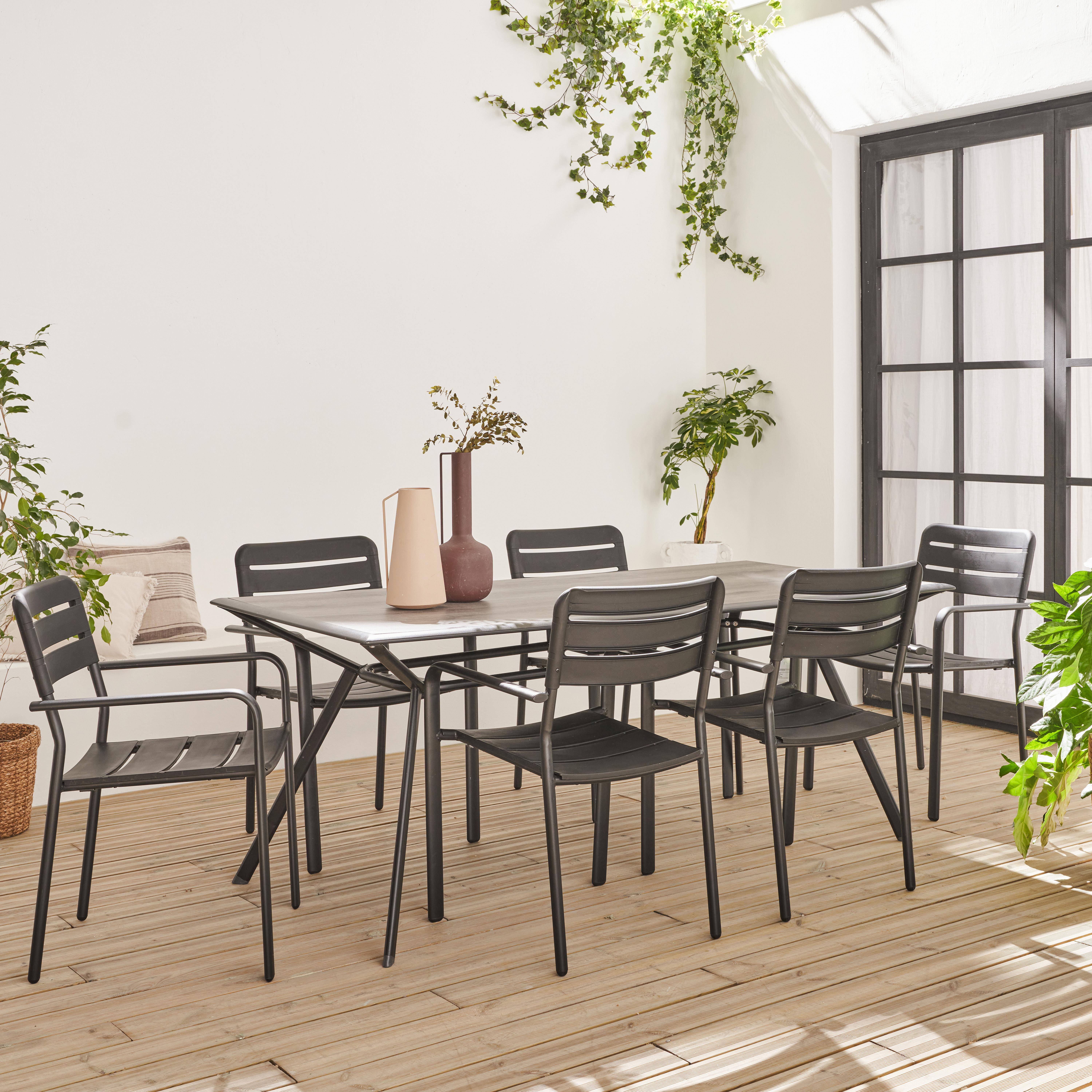 Table de jardin longueur 180cm plateau effet bois structure acier avec 6 chaises en acier incluses  Photo1