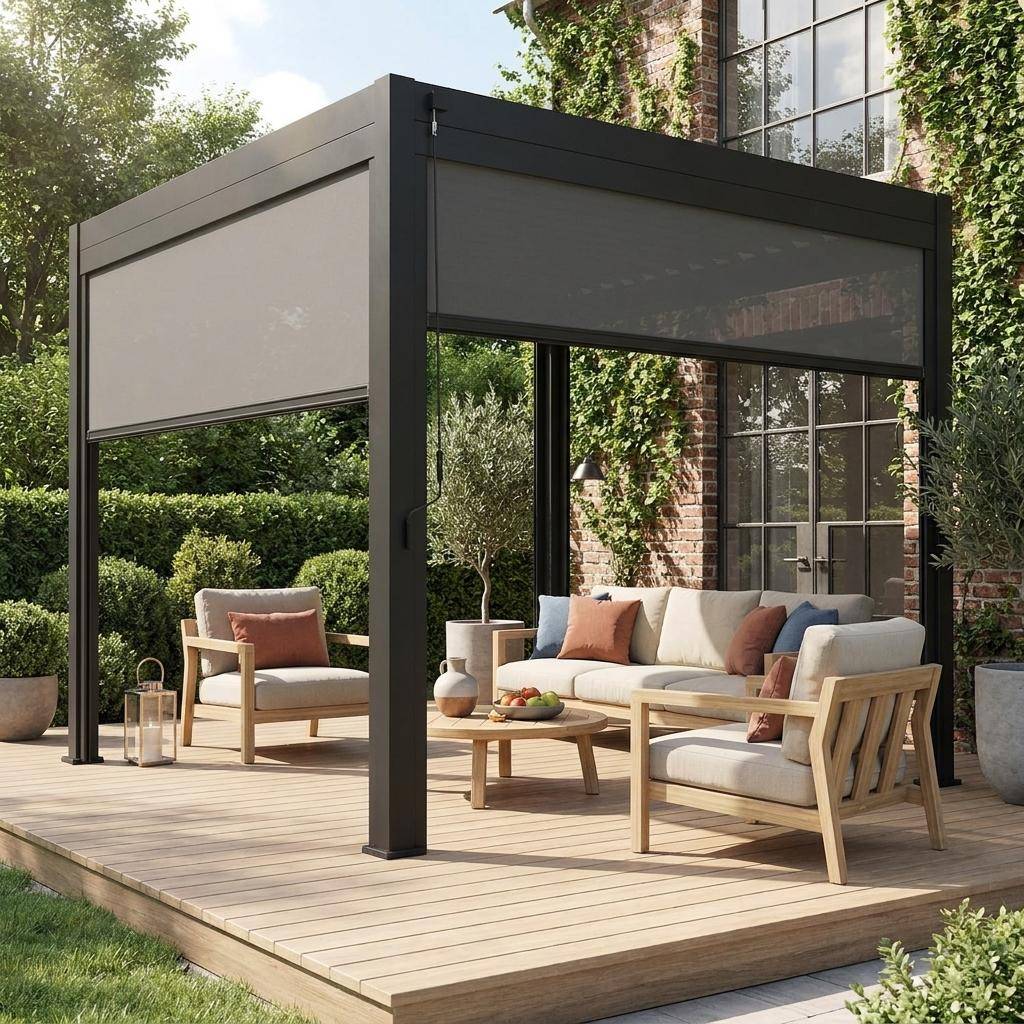 Pérgola bioclimática 3x3m V2 + 2 toldos verticales de 3m Antracita - 301x301x250 cm Photo1