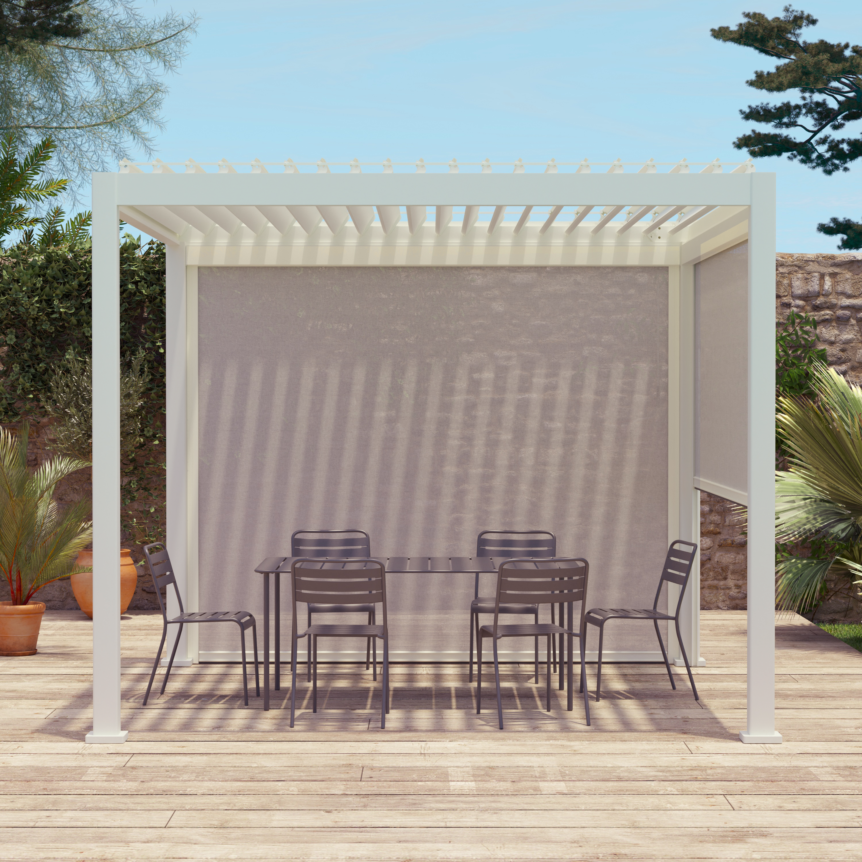 Pergola bioclimatique aluminium Triomphe 3x3 m lames orientables avec 2 stores en aluminium et textilène blancs,sweeek,Photo2